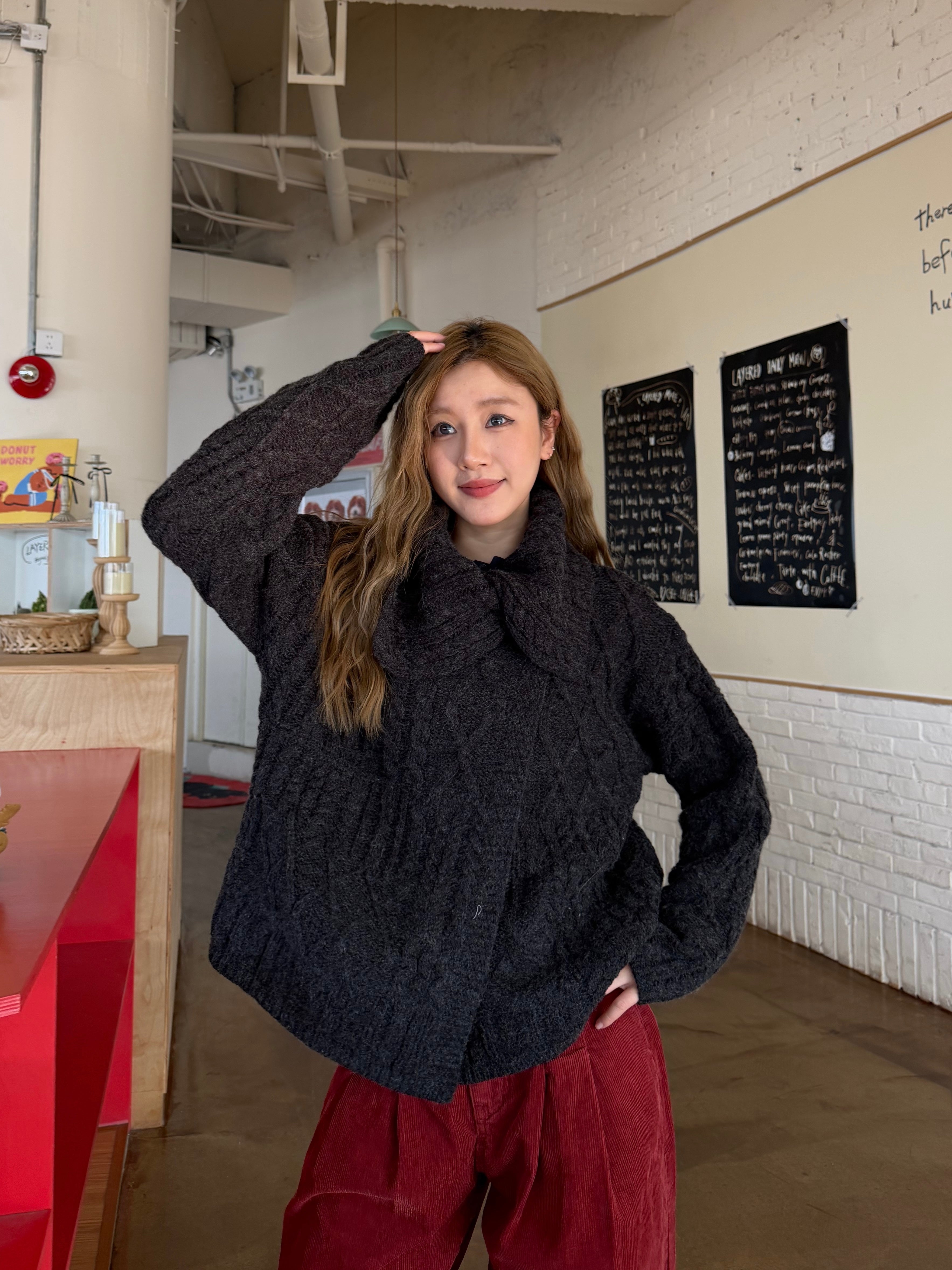 CCYE HEAVY DUTY CABLE KNIT WOOL BLEND POLO COLLAR SWEATER