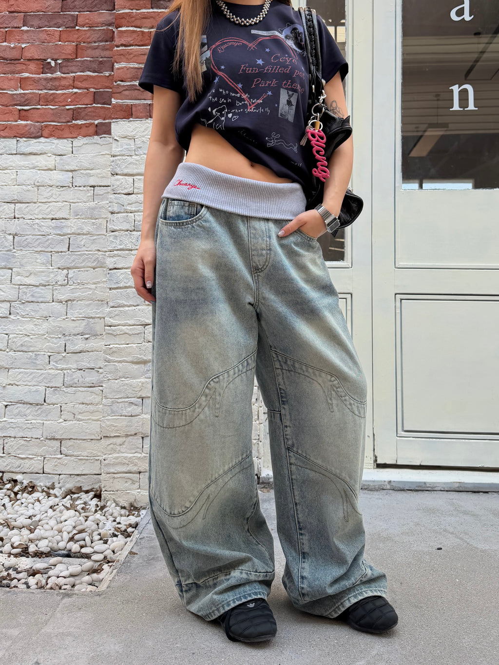 CCYE FAKE TWO-PIECE WAIST SPLICED AMERICAN STYLE JEANS