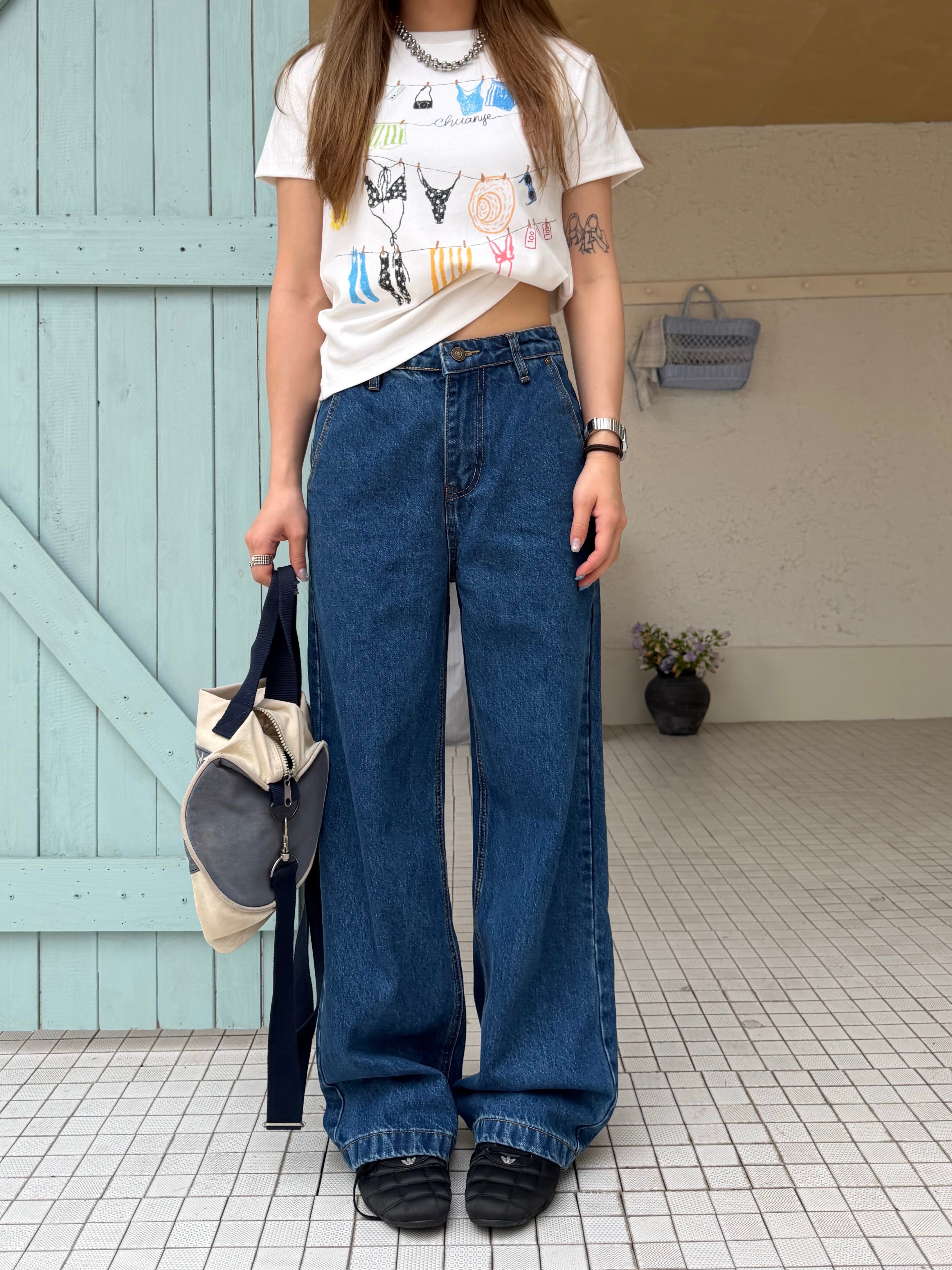 CCYE SIMPLE WASHED SLIM FIT DARK BLUE HIGH WAIST AMERICAN STYLE JEANS