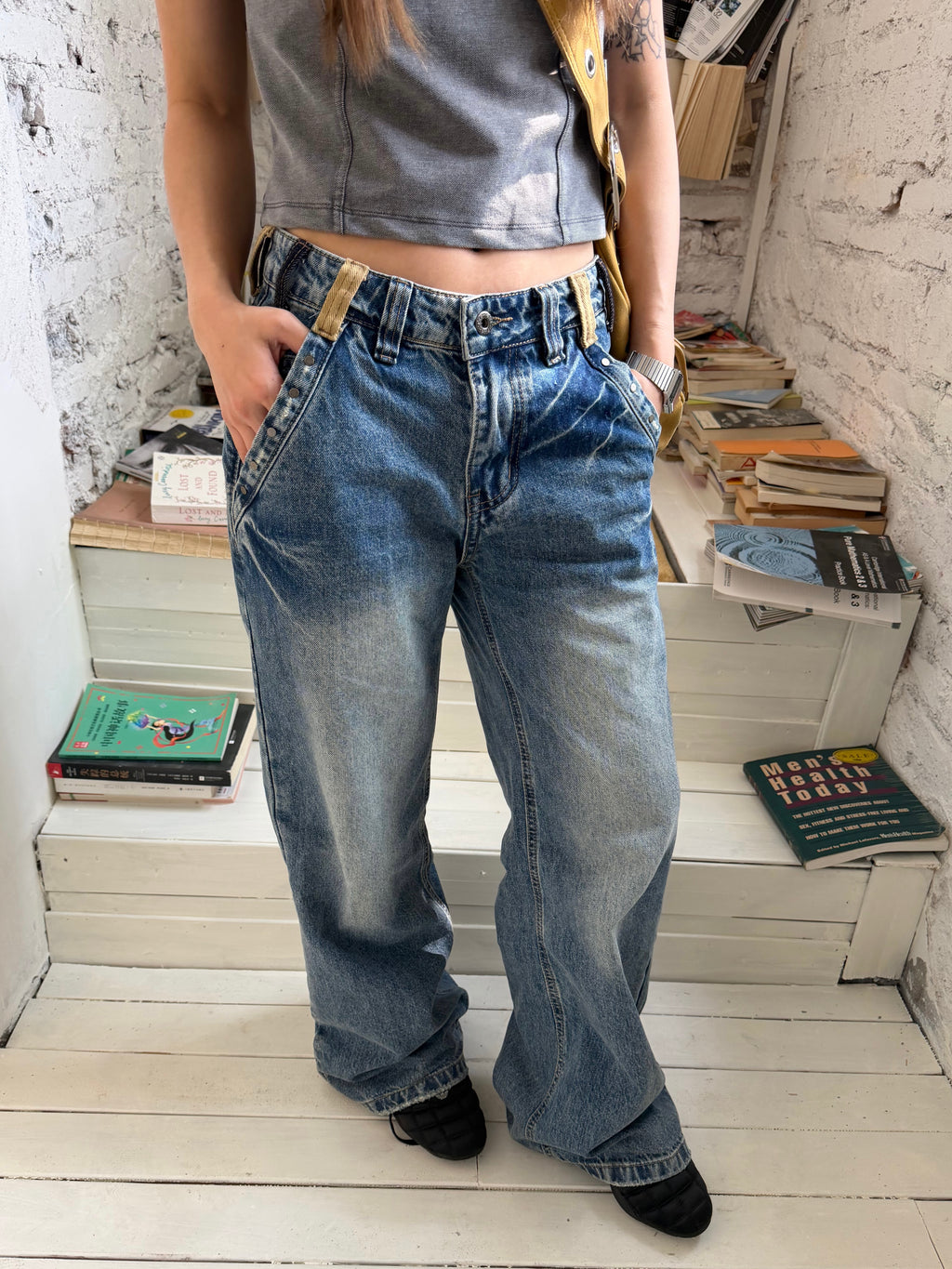 CCYE HIGH WAIST STRAIGHT RIVET PATCHWORK WAISTBAND JEANS