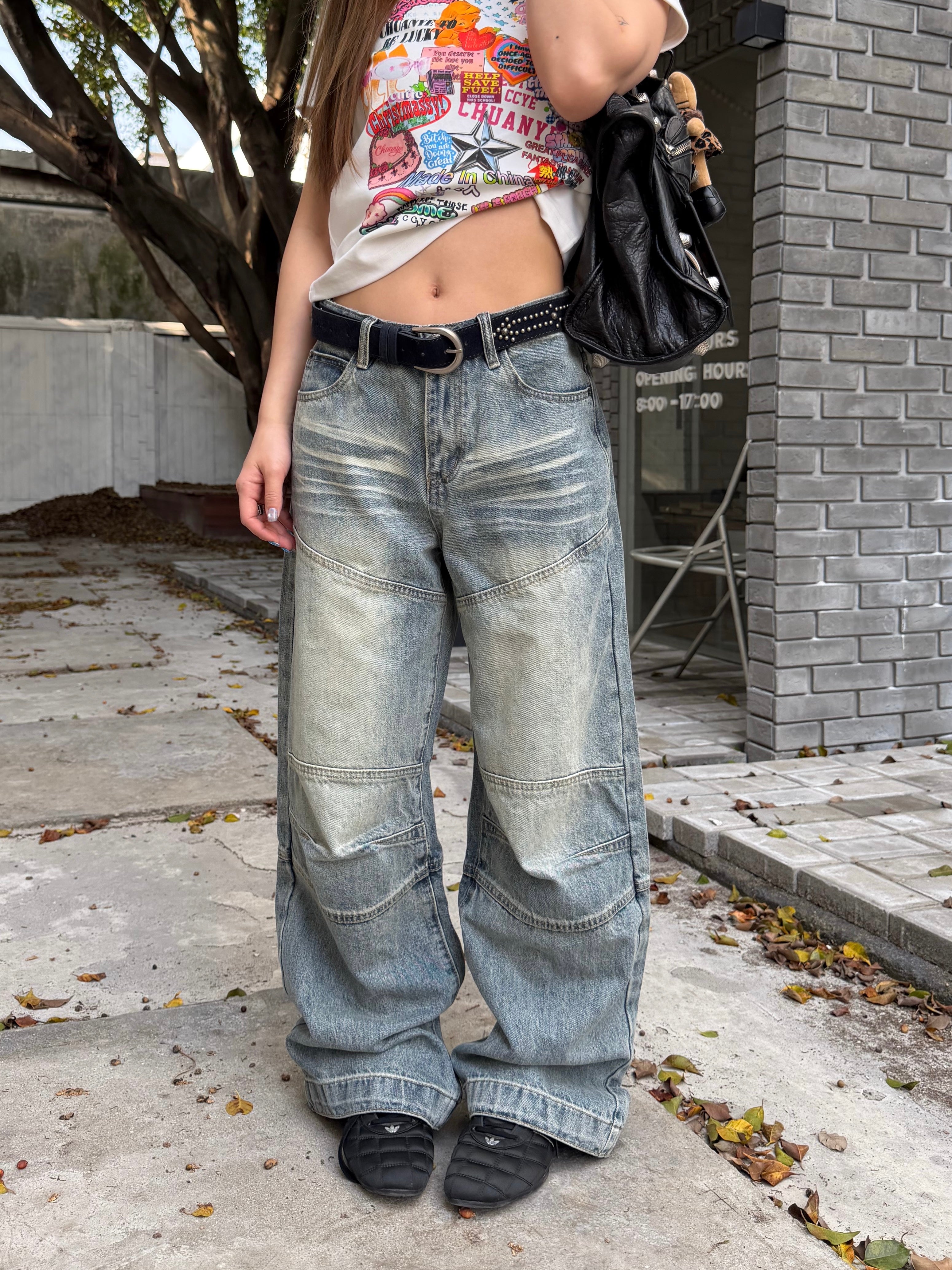 CCYE STRAIGHT LEG RELAXED FIT WASHED JEANS, AMERICAN STYLE PATCHWORK & APPLIQUÉ DESIGN