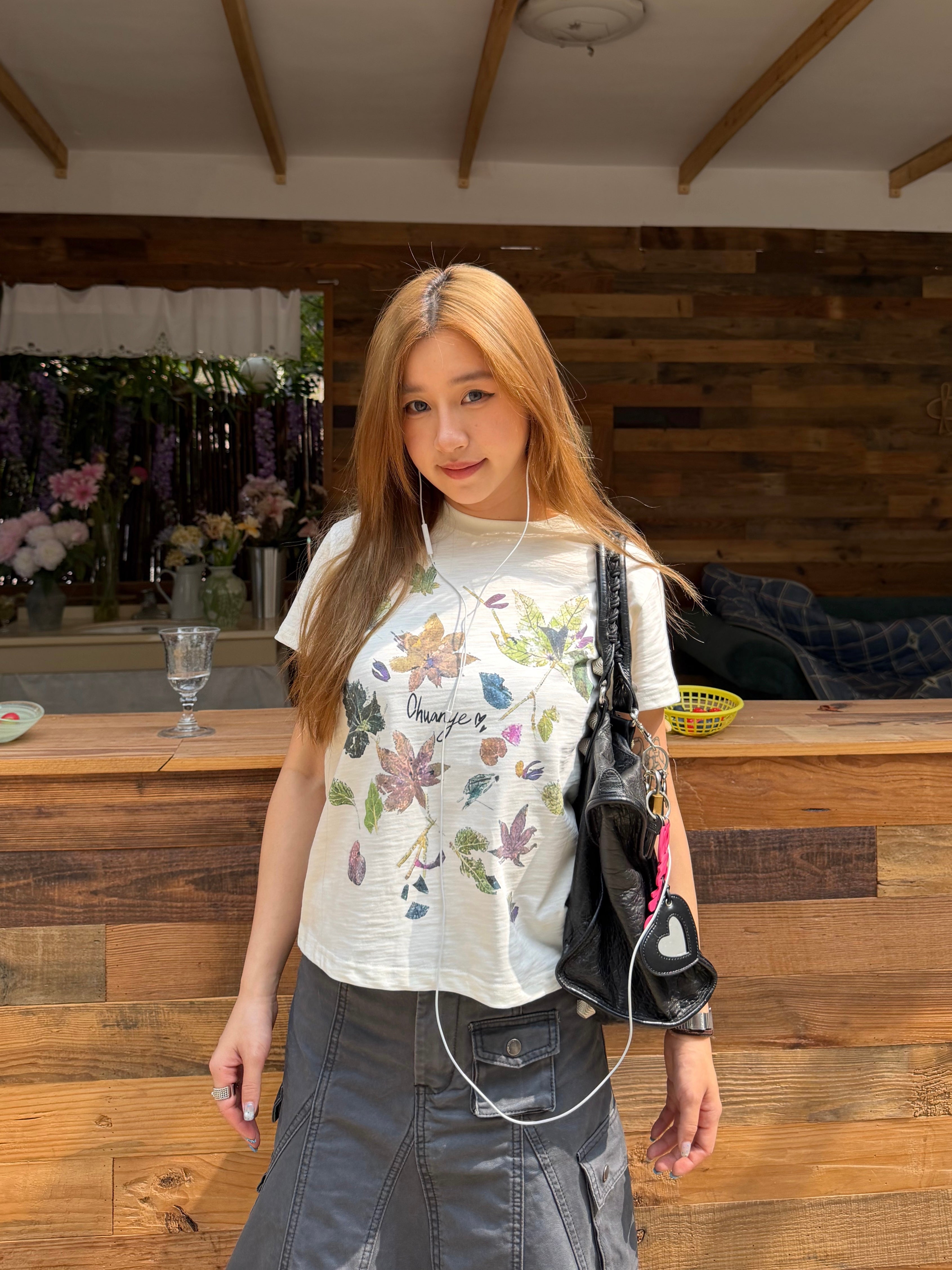 CCYE LEAF PRINT REGULAR SHOULDER BAMBOO TEXTURE COTTON SHORT SLEEVE