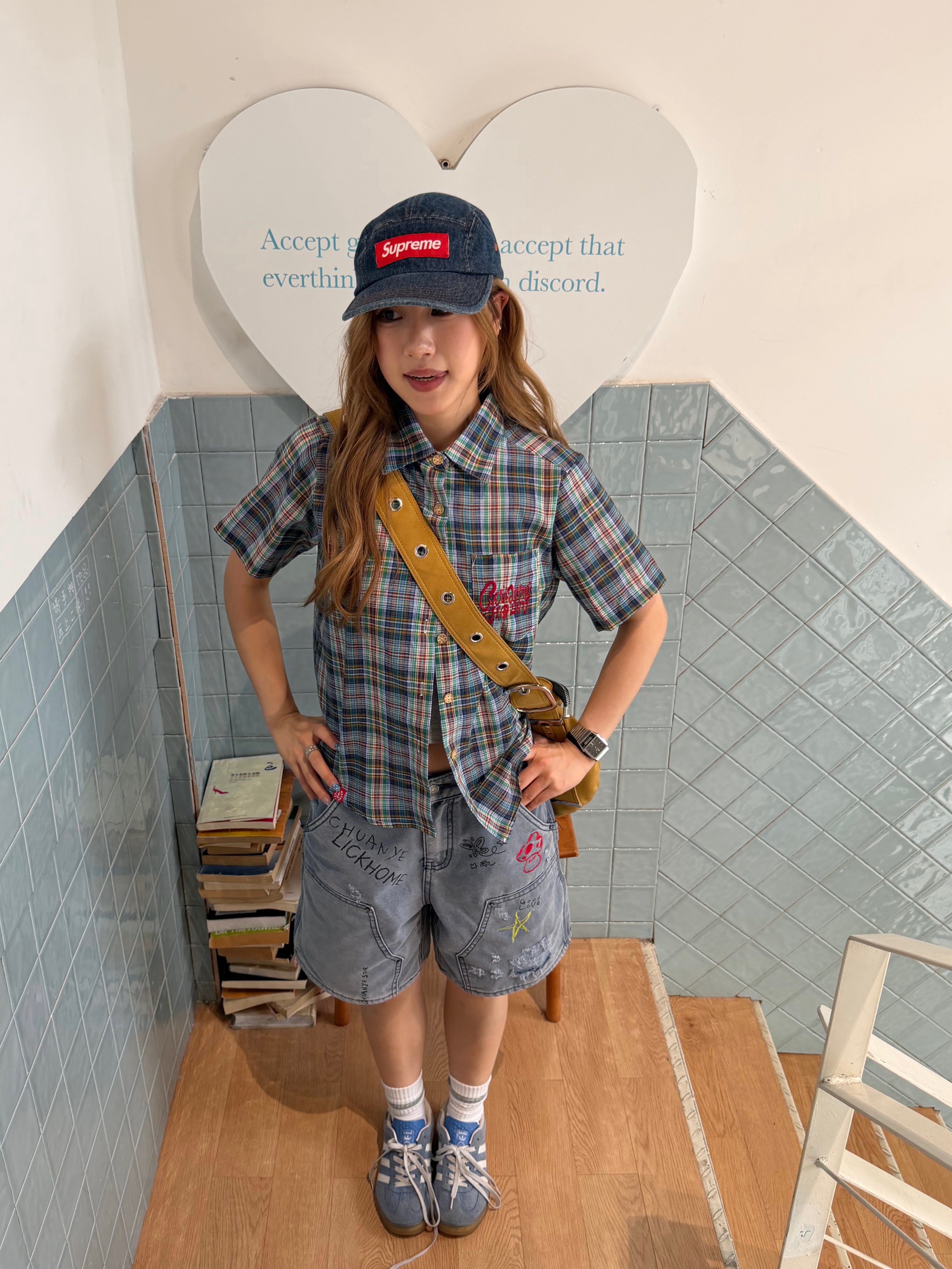 CCYE ORIGINAL EMBROIDERED REGULAR SHOULDER LOOSE PLAID SHORT SLEEVE SHIRT