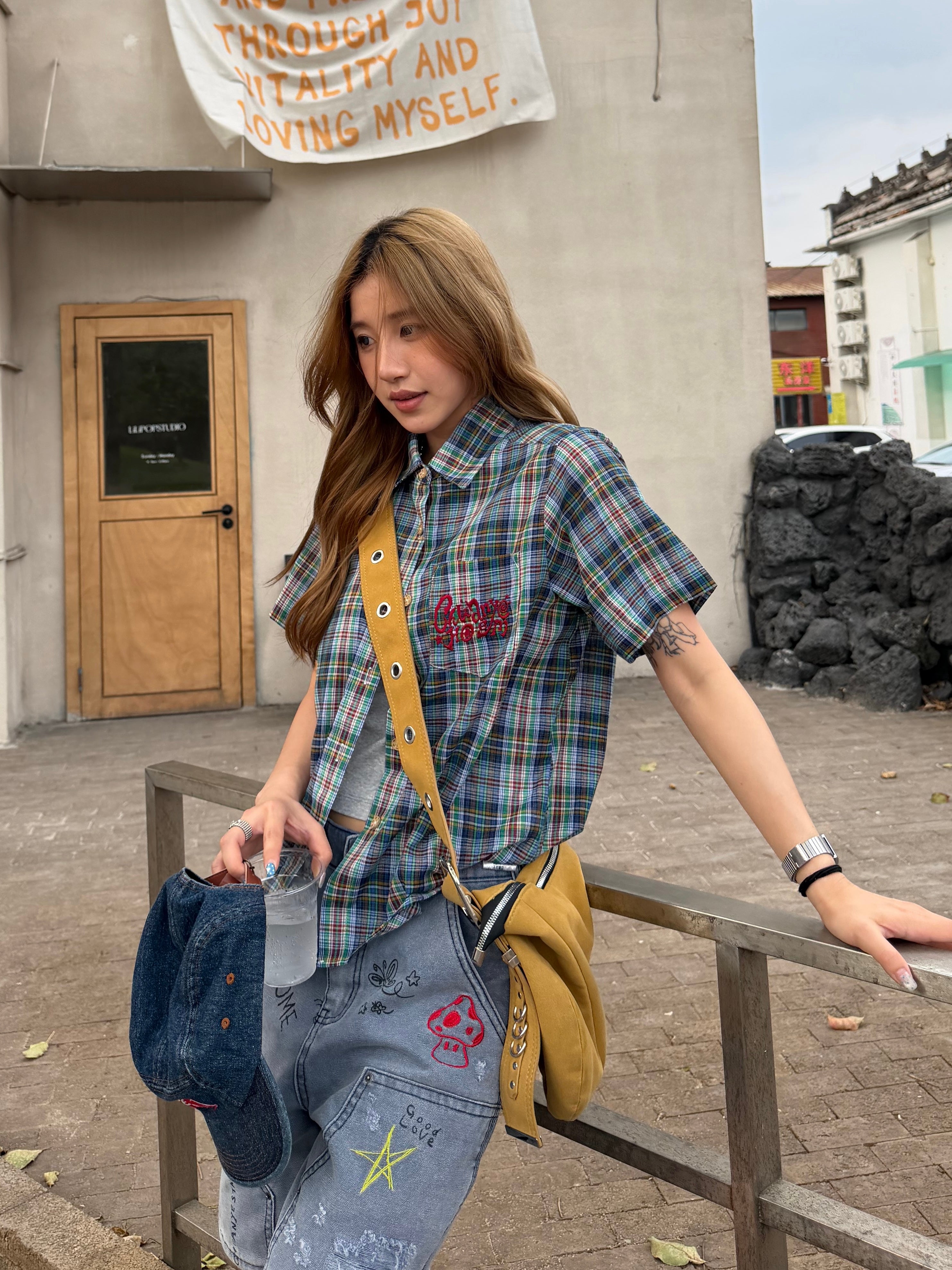 CCYE ORIGINAL EMBROIDERED REGULAR SHOULDER LOOSE PLAID SHORT SLEEVE SHIRT