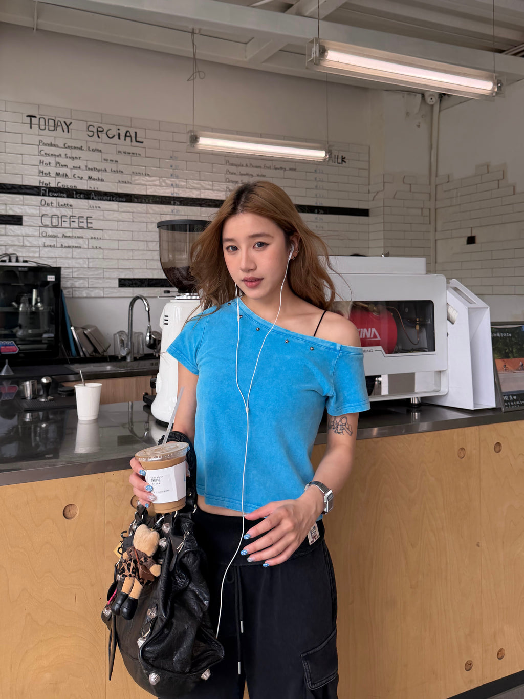 CCYE VINTAGE WASHED BEADED ASYMMETRIC SHOULDER SHORT SLEEVE TOP