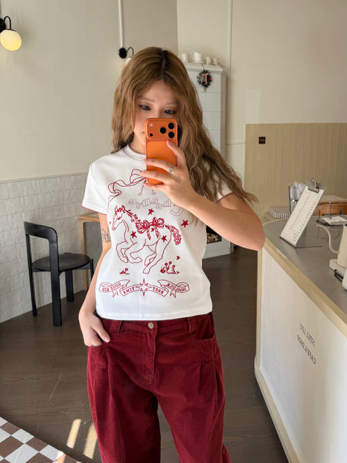 CCYE EMBROIDERED REGULAR SHOULDER LACE TRIM SHORT SLEEVE TOP