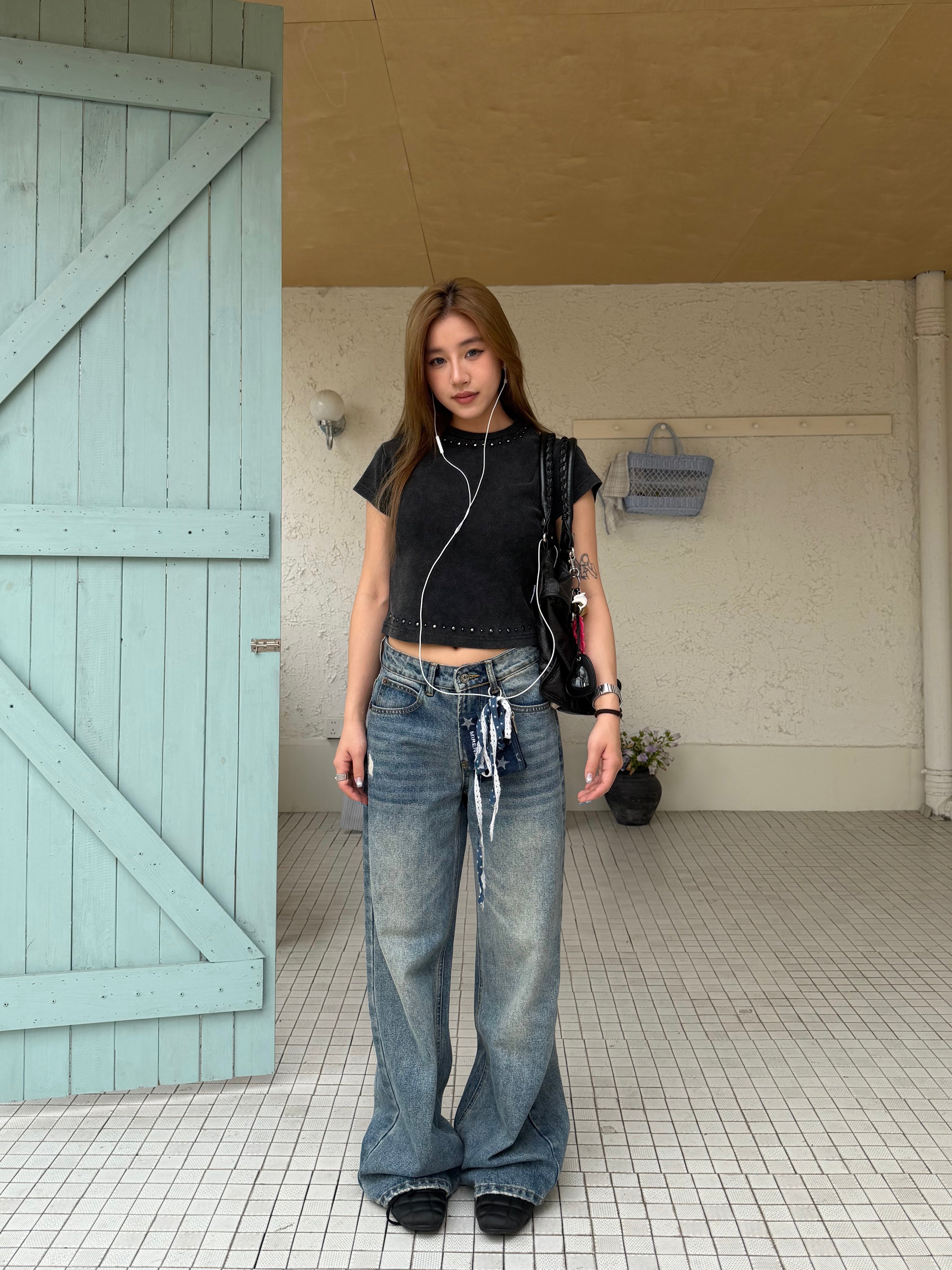 CCYE HEAVYWEIGHT REGULAR SHOULDER HOT FIX RHINESTONE WASHED SHORT SLEEVE