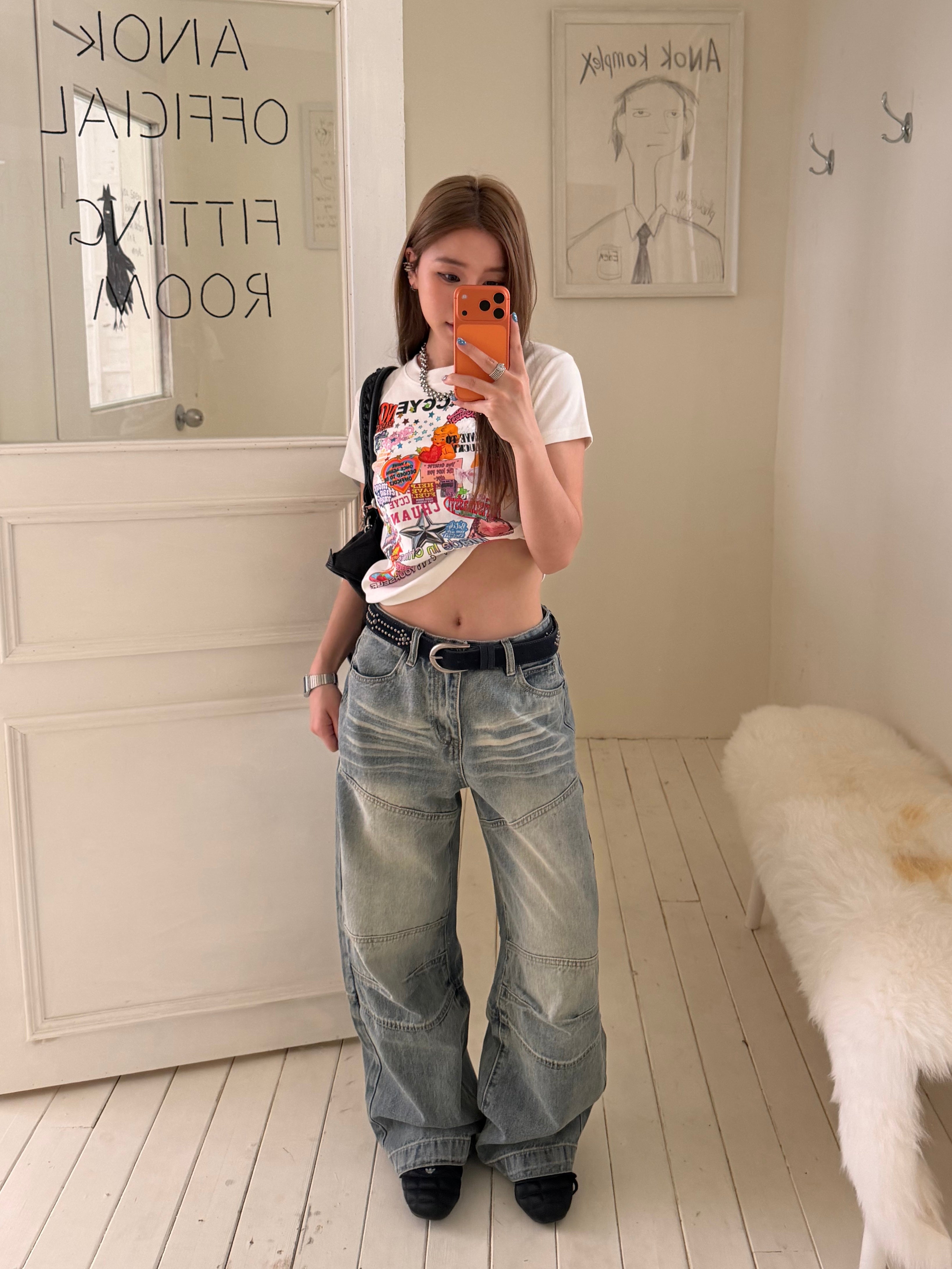 CCYE STRAIGHT LEG RELAXED FIT WASHED JEANS, AMERICAN STYLE PATCHWORK & APPLIQUÉ DESIGN