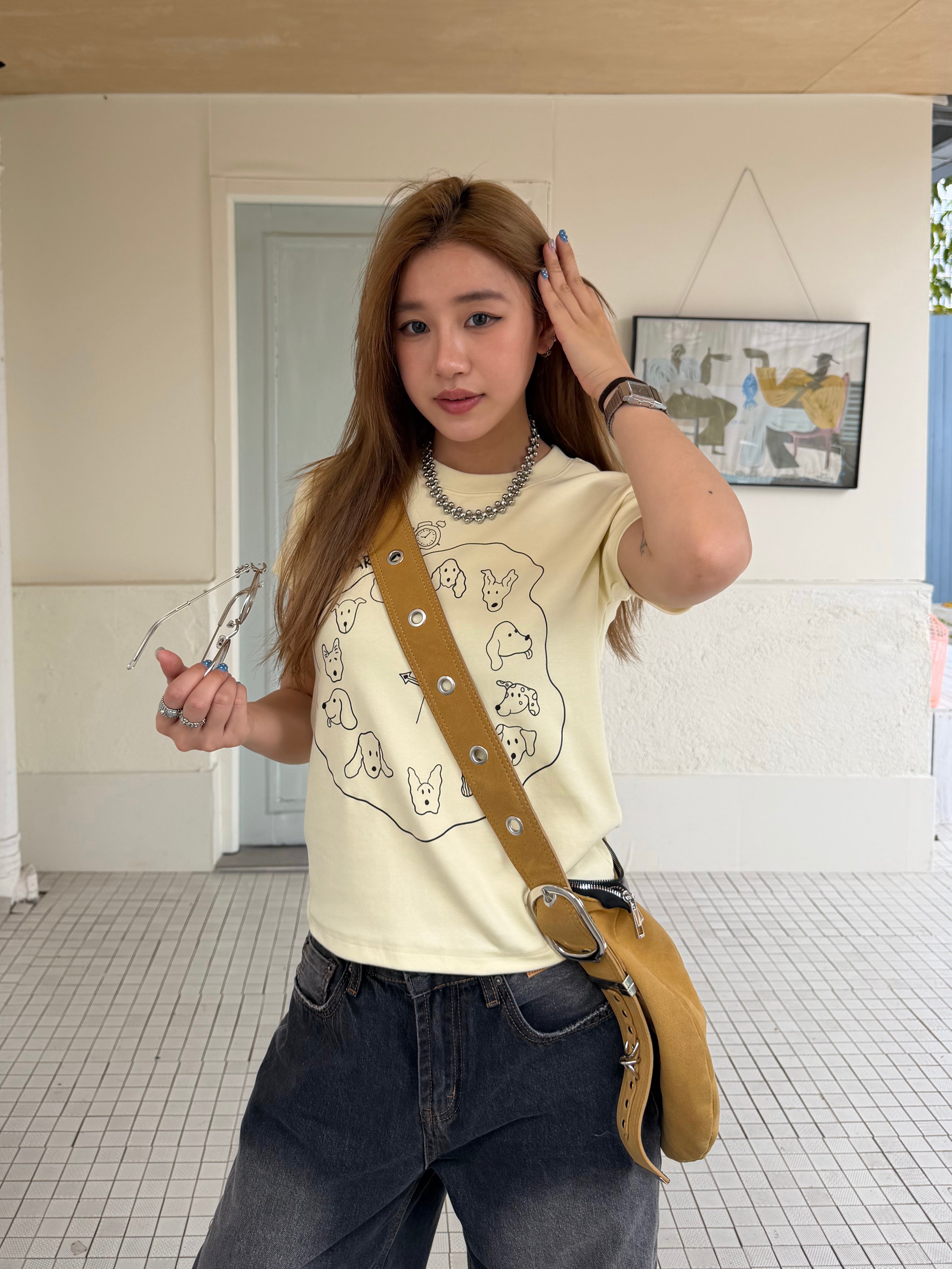 CCYE ORIGINAL REGULAR SHOULDER SHORT SLEEVE T-SHIRT WITH SIMPLE DOG & CLOCK PRINT