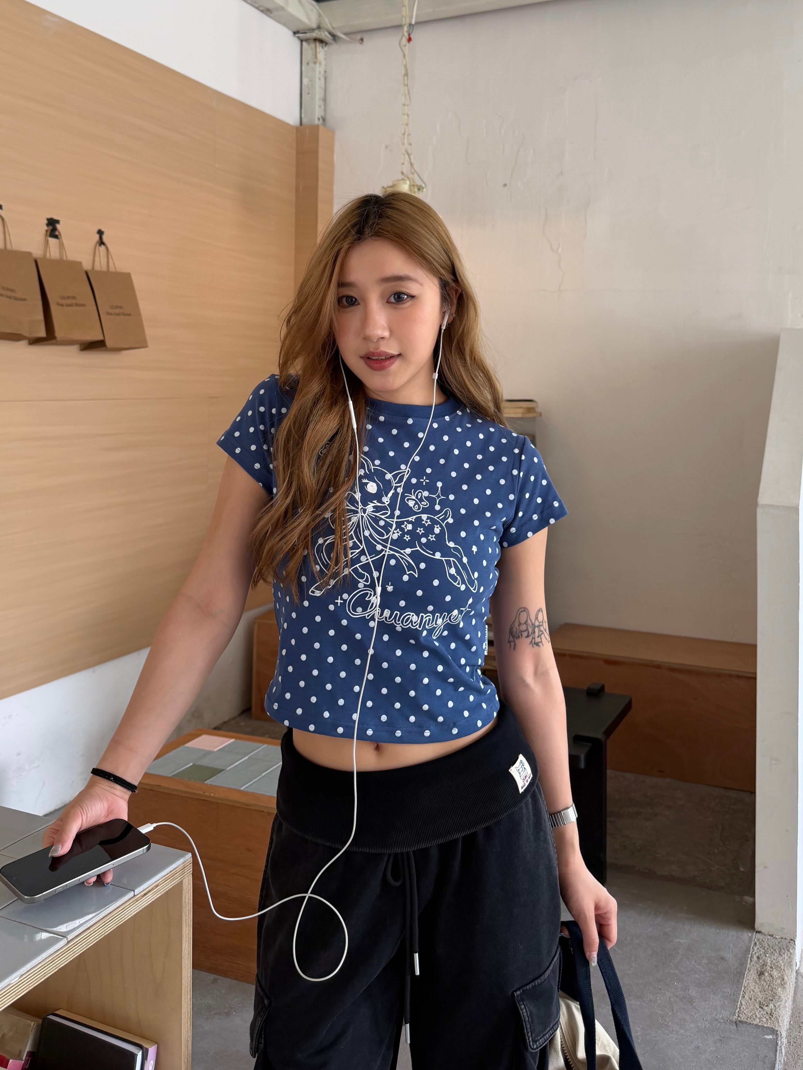 CCYE POLKA DOT DEER PRINT CROPPED REGULAR SHOULDER SHORT SLEEVE TOP