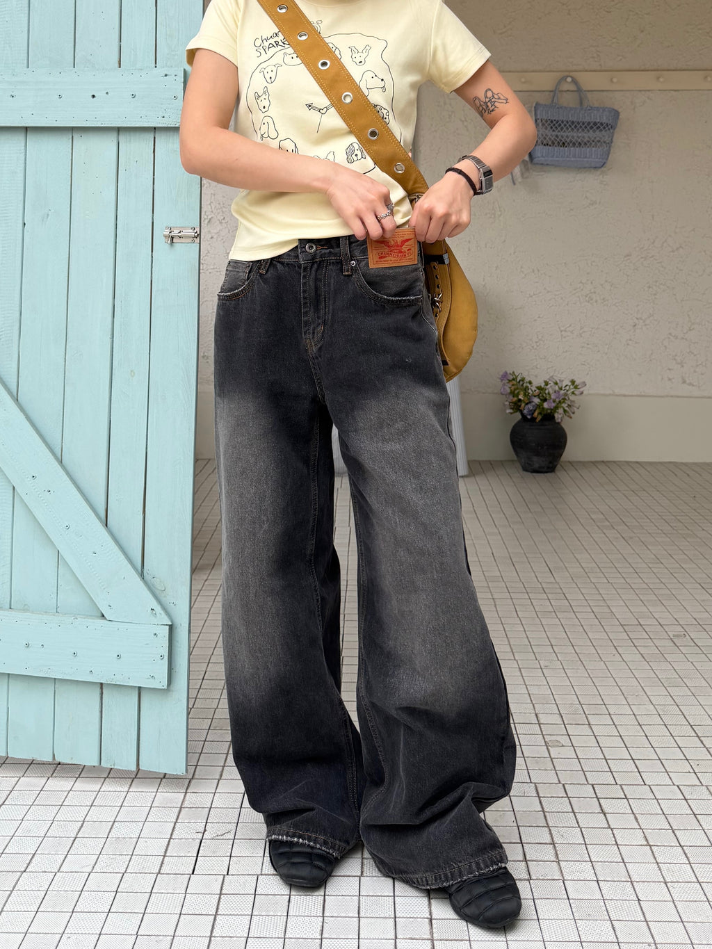 CCYE WASHED DENIM JEANS WITH PARIS BUCKLE DESIGN