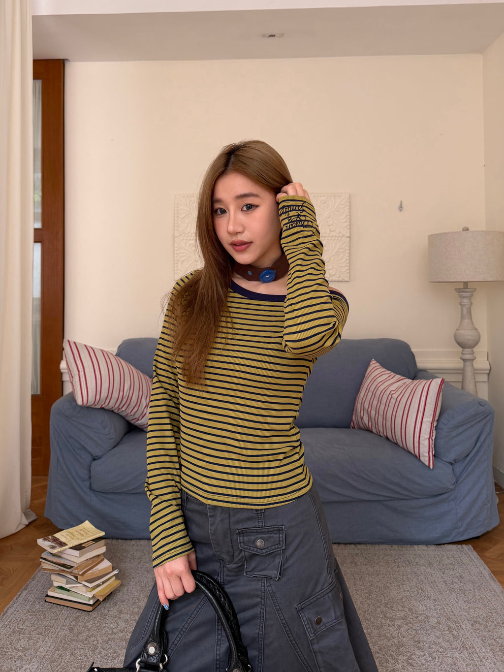 CCYE WOMEN'S SHOULDER STRIPE LONG SLEEVE T-SHIRT WITH DESIGNER OFF-SHOULDER CUT