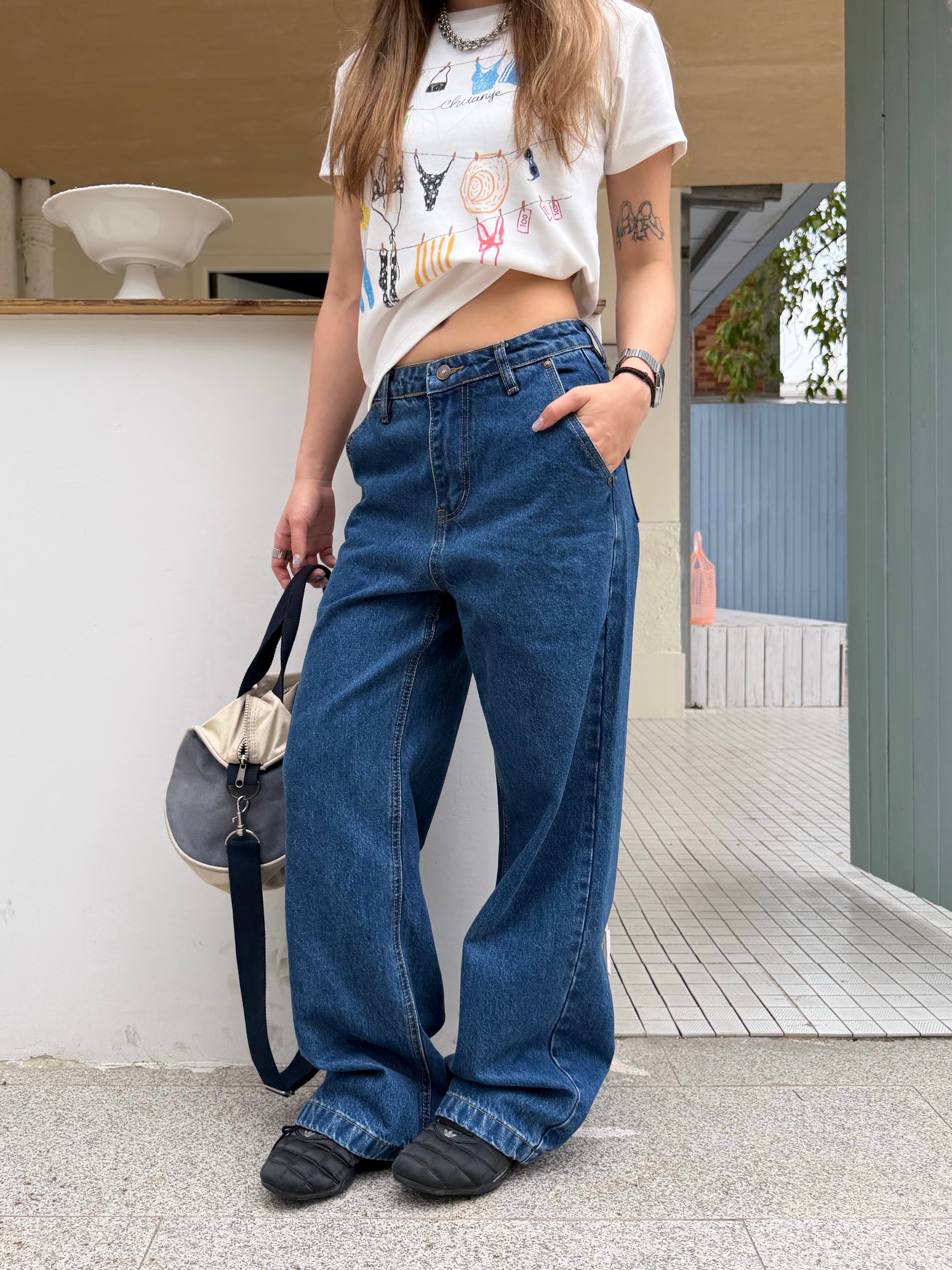 CCYE SIMPLE WASHED SLIM FIT DARK BLUE HIGH WAIST AMERICAN STYLE JEANS