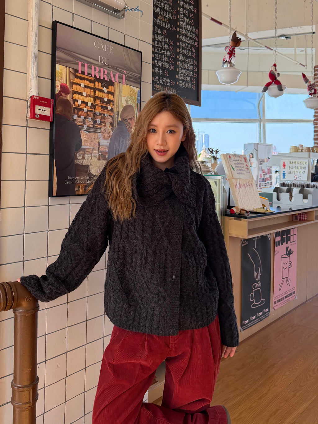 CCYE HEAVY DUTY CABLE KNIT WOOL BLEND POLO COLLAR SWEATER