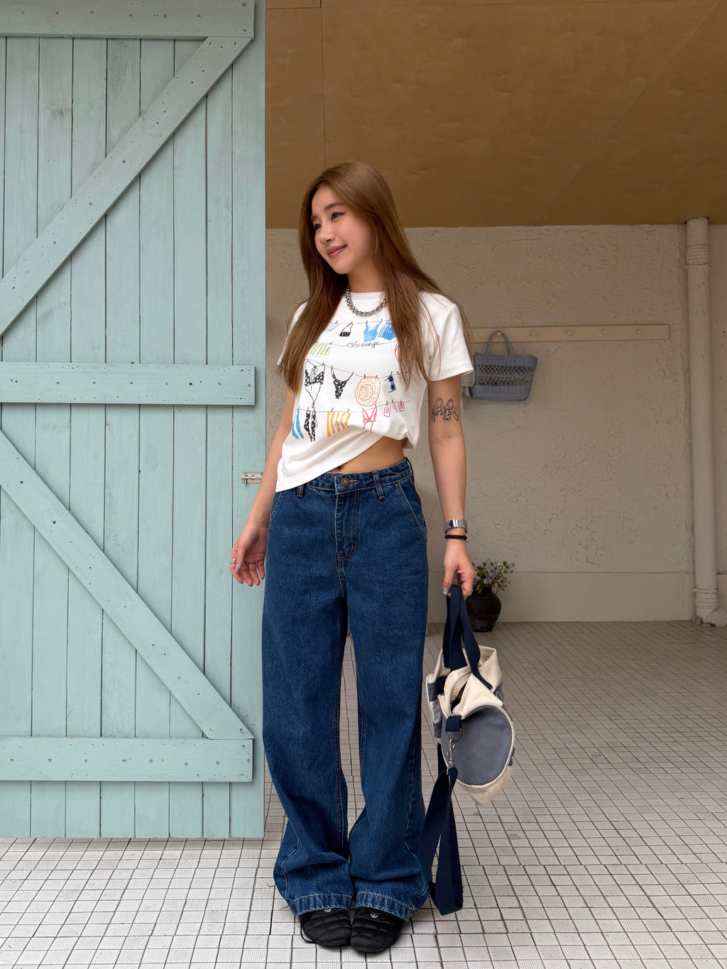 CCYE SIMPLE WASHED SLIM FIT DARK BLUE HIGH WAIST AMERICAN STYLE JEANS