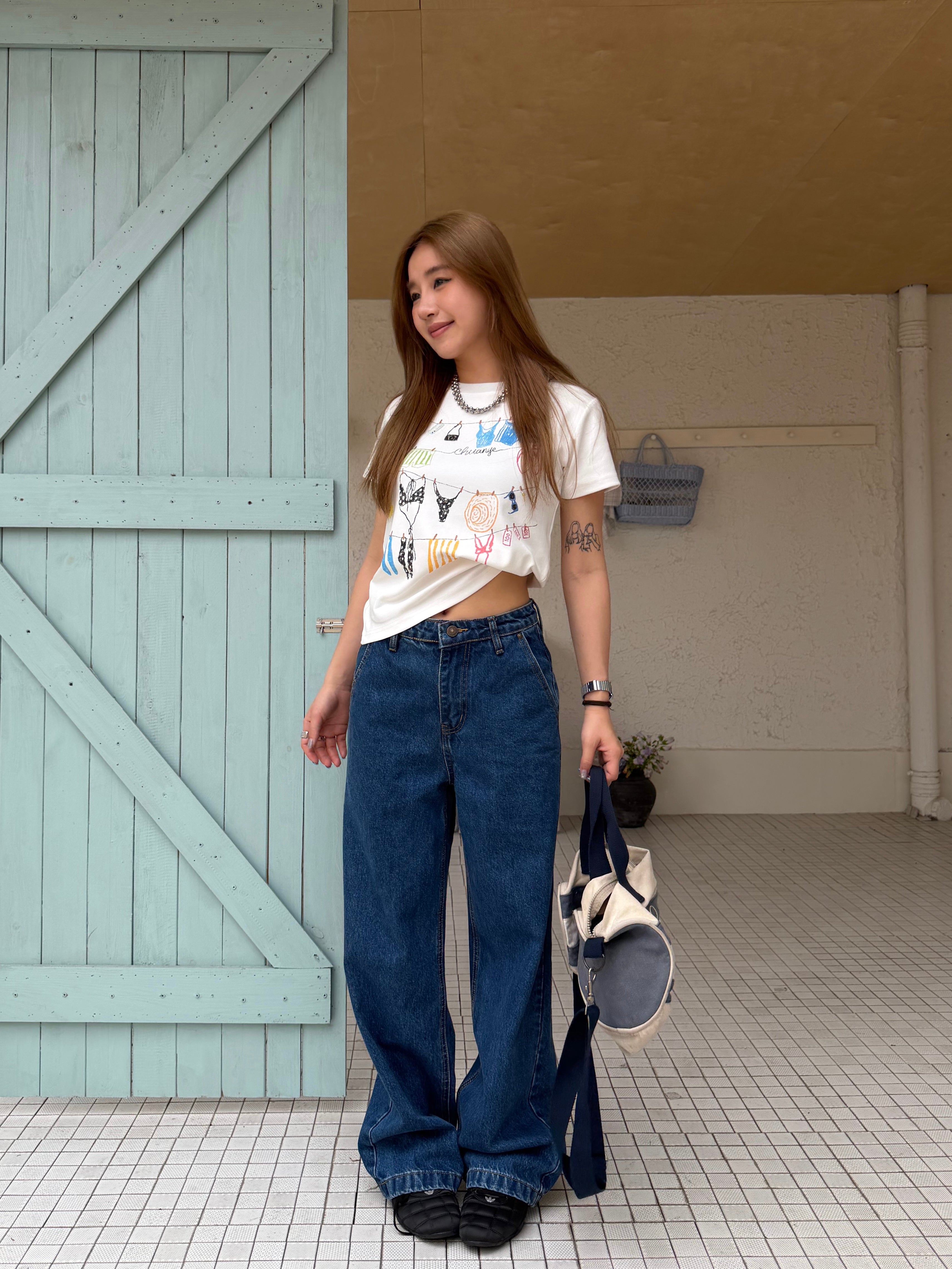 CCYE SIMPLE WASHED SLIM FIT DARK BLUE HIGH WAIST AMERICAN STYLE JEANS