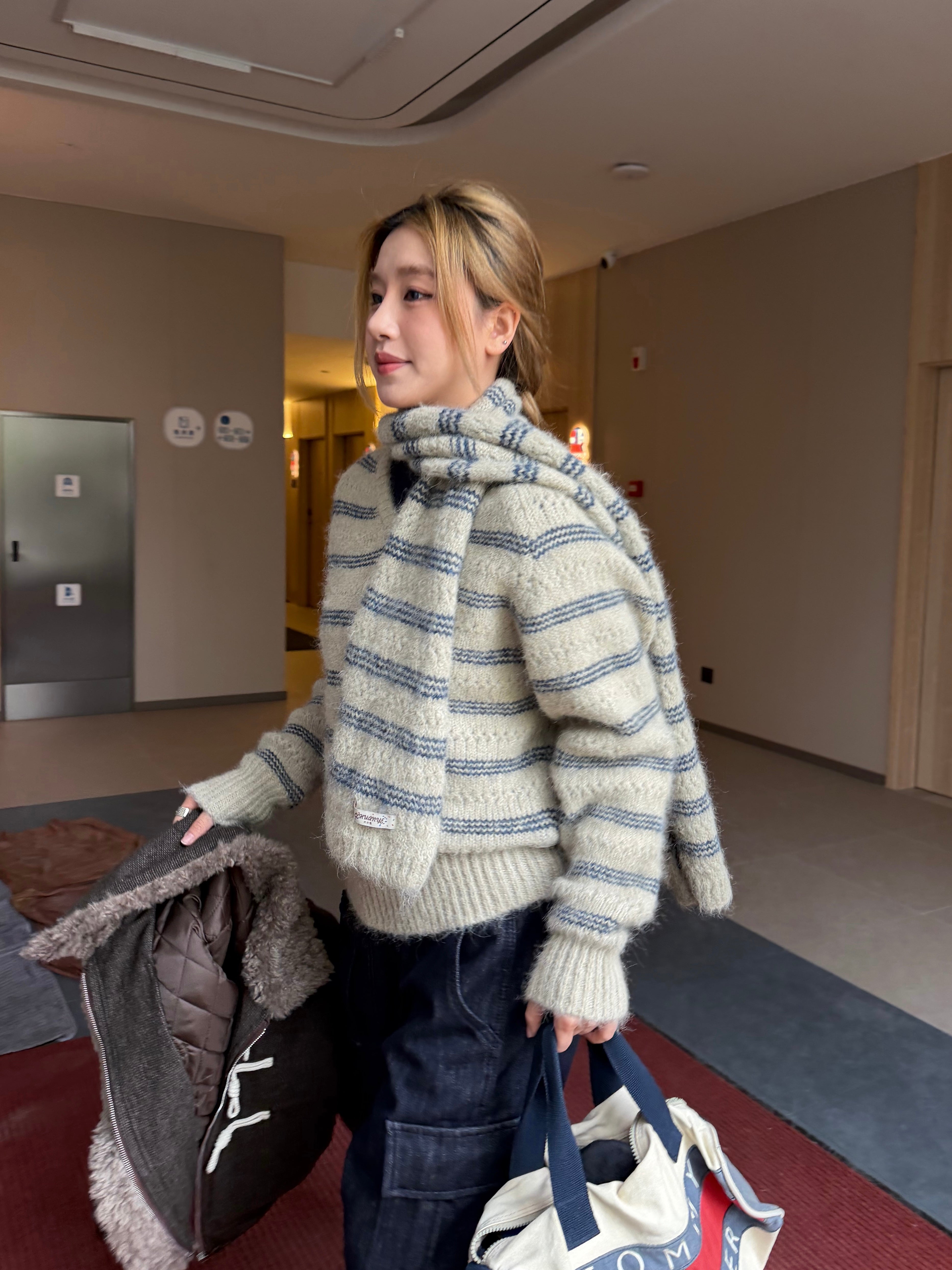 CCYE STRIPED V-NECK SWEATER & SCARF 2-PIECE KNIT SET