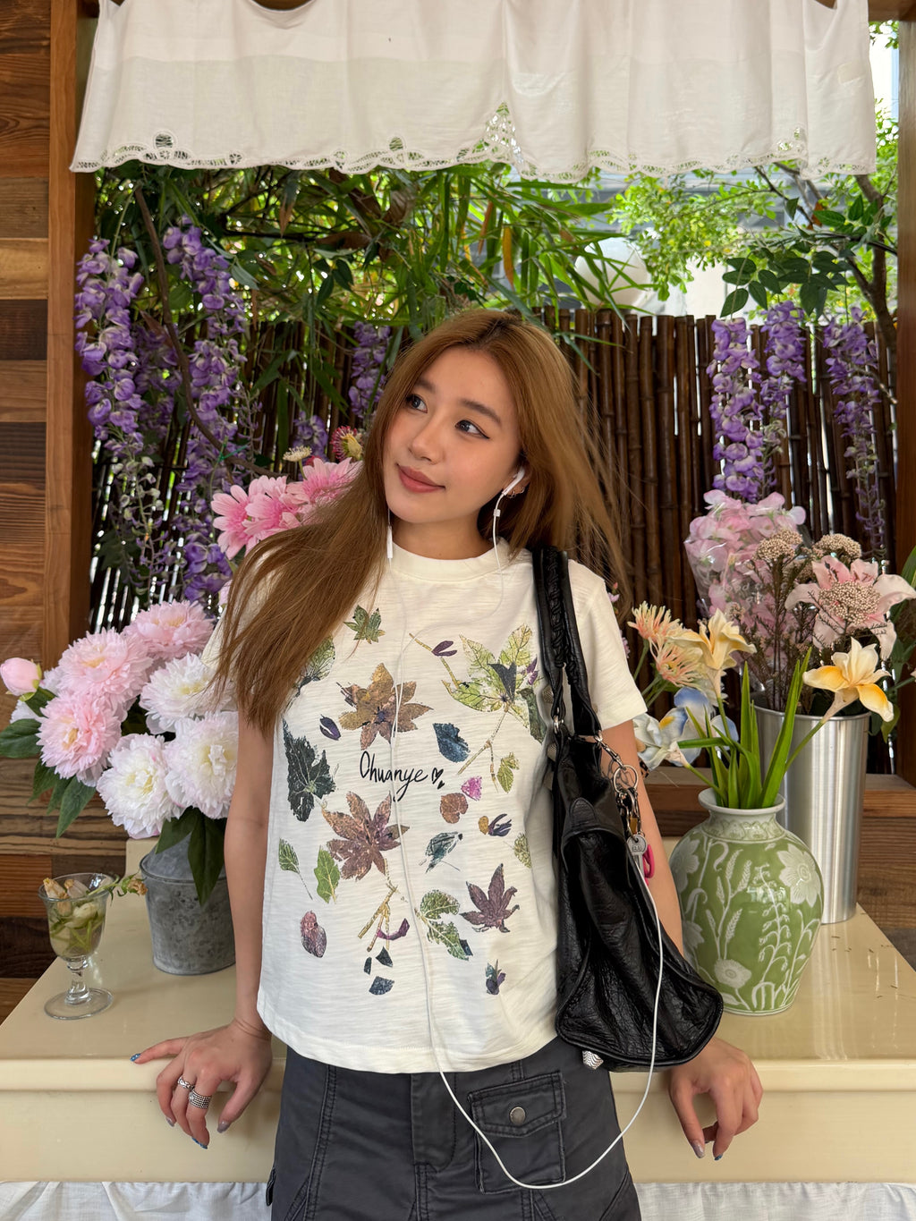 CCYE LEAF PRINT REGULAR SHOULDER BAMBOO TEXTURE COTTON SHORT SLEEVE