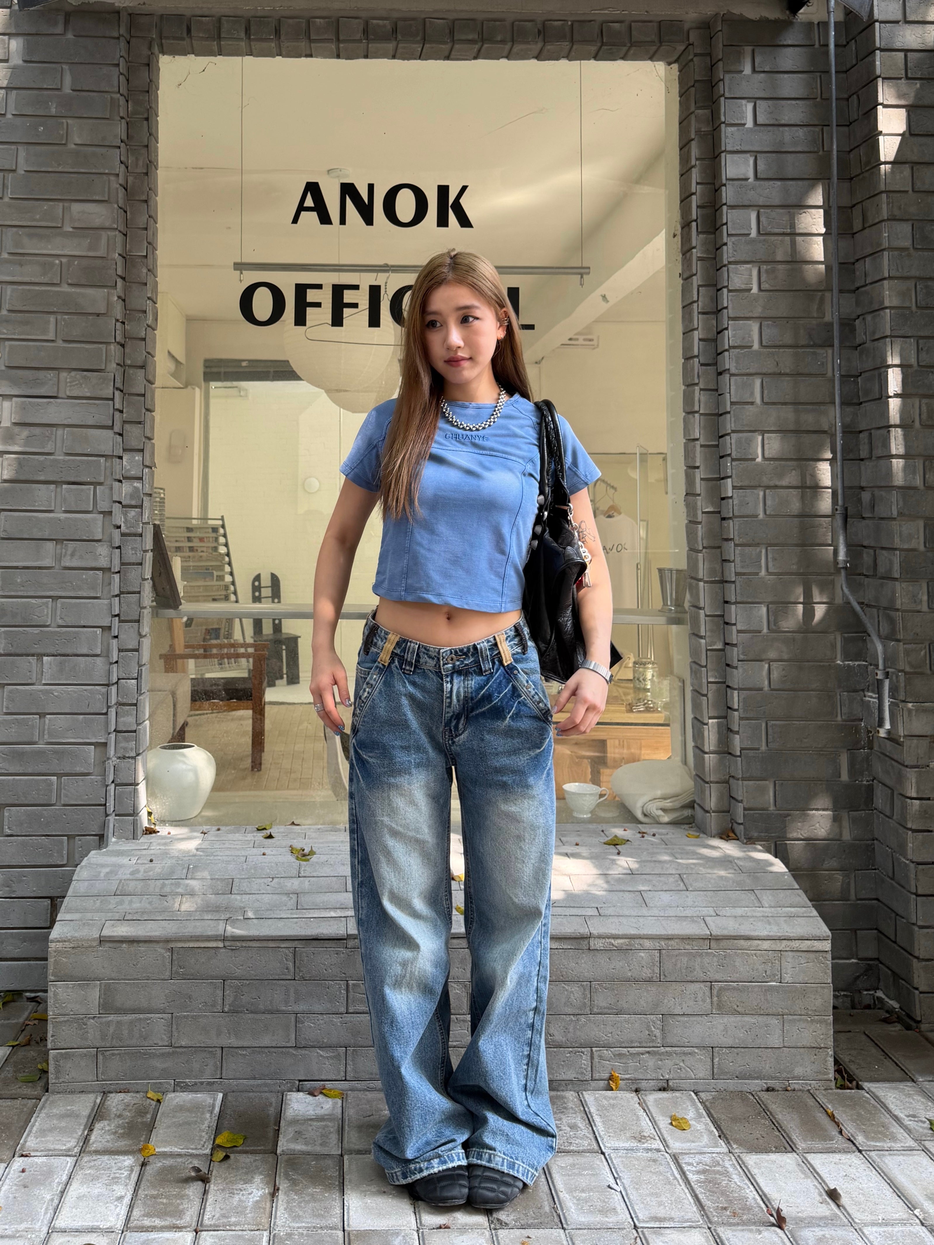 CCYE HIGH WAIST STRAIGHT RIVET PATCHWORK WAISTBAND JEANS