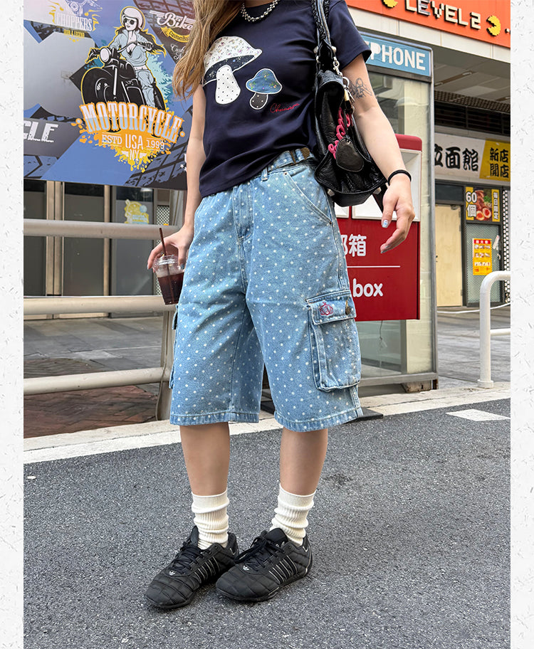 CCYEBRAND RETRO POLKA DOT DENIM CROPPED PANTS