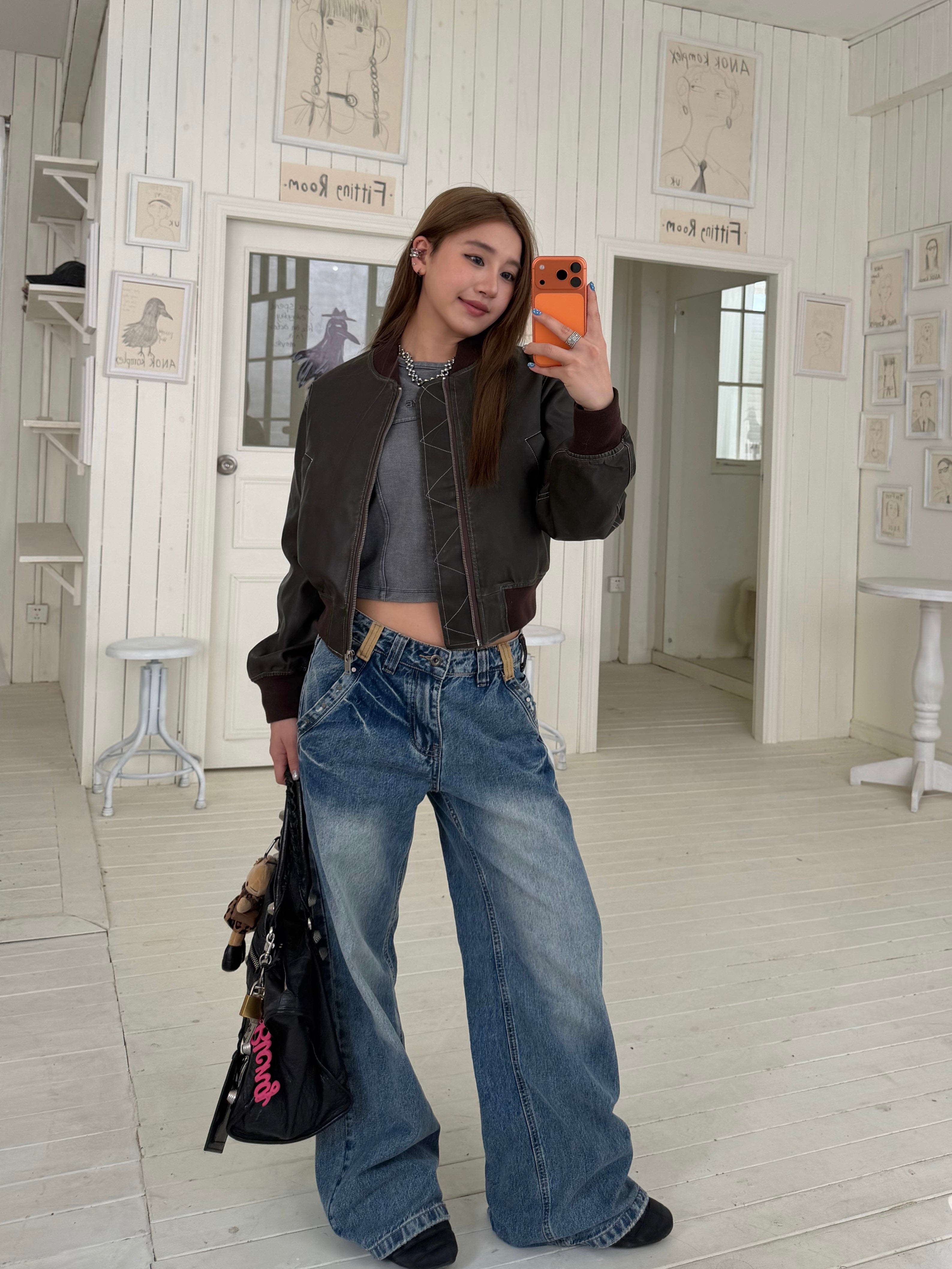 CCYE HIGH WAIST STRAIGHT RIVET PATCHWORK WAISTBAND JEANS