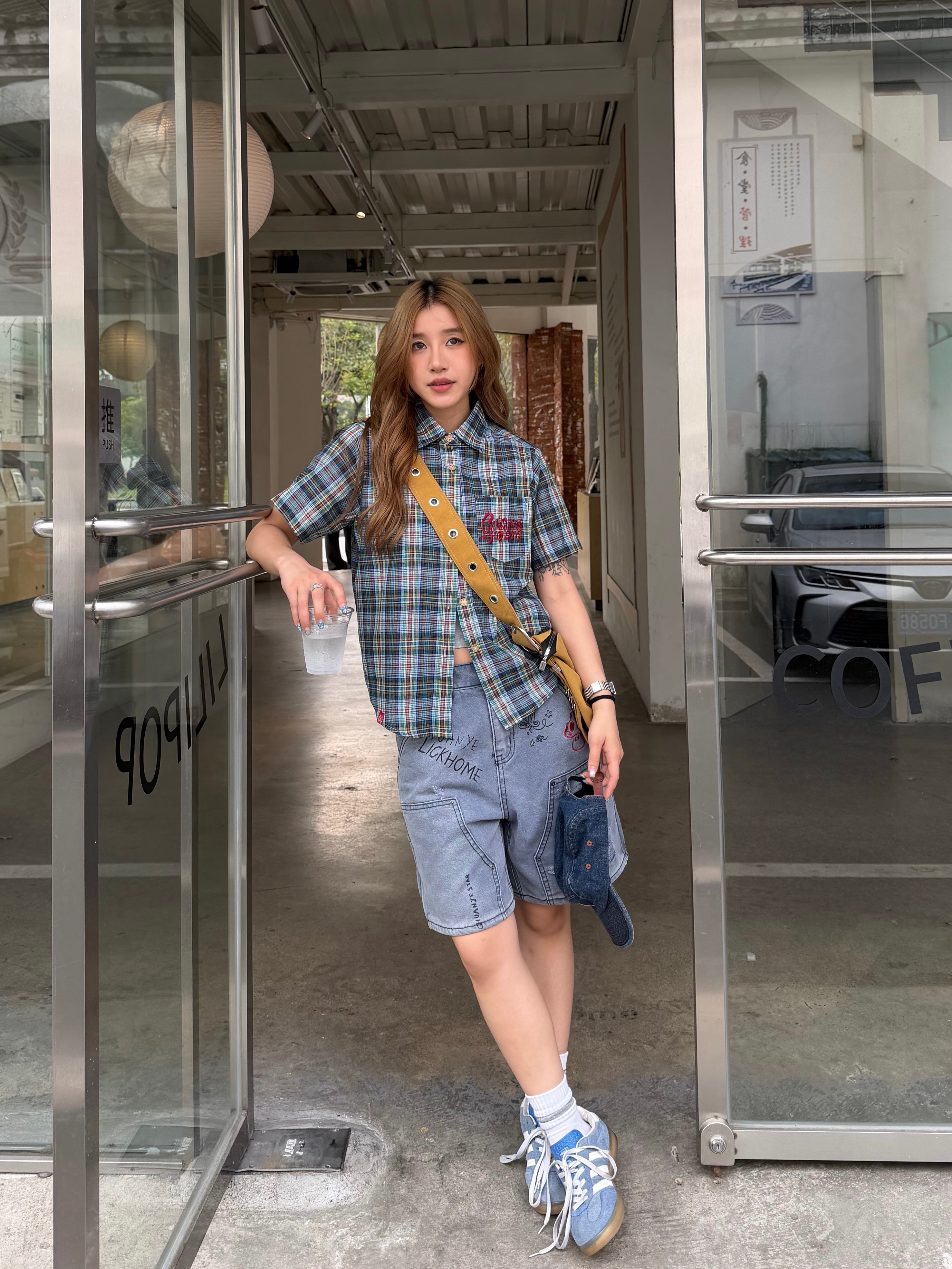 CCYE ORIGINAL EMBROIDERED REGULAR SHOULDER LOOSE PLAID SHORT SLEEVE SHIRT