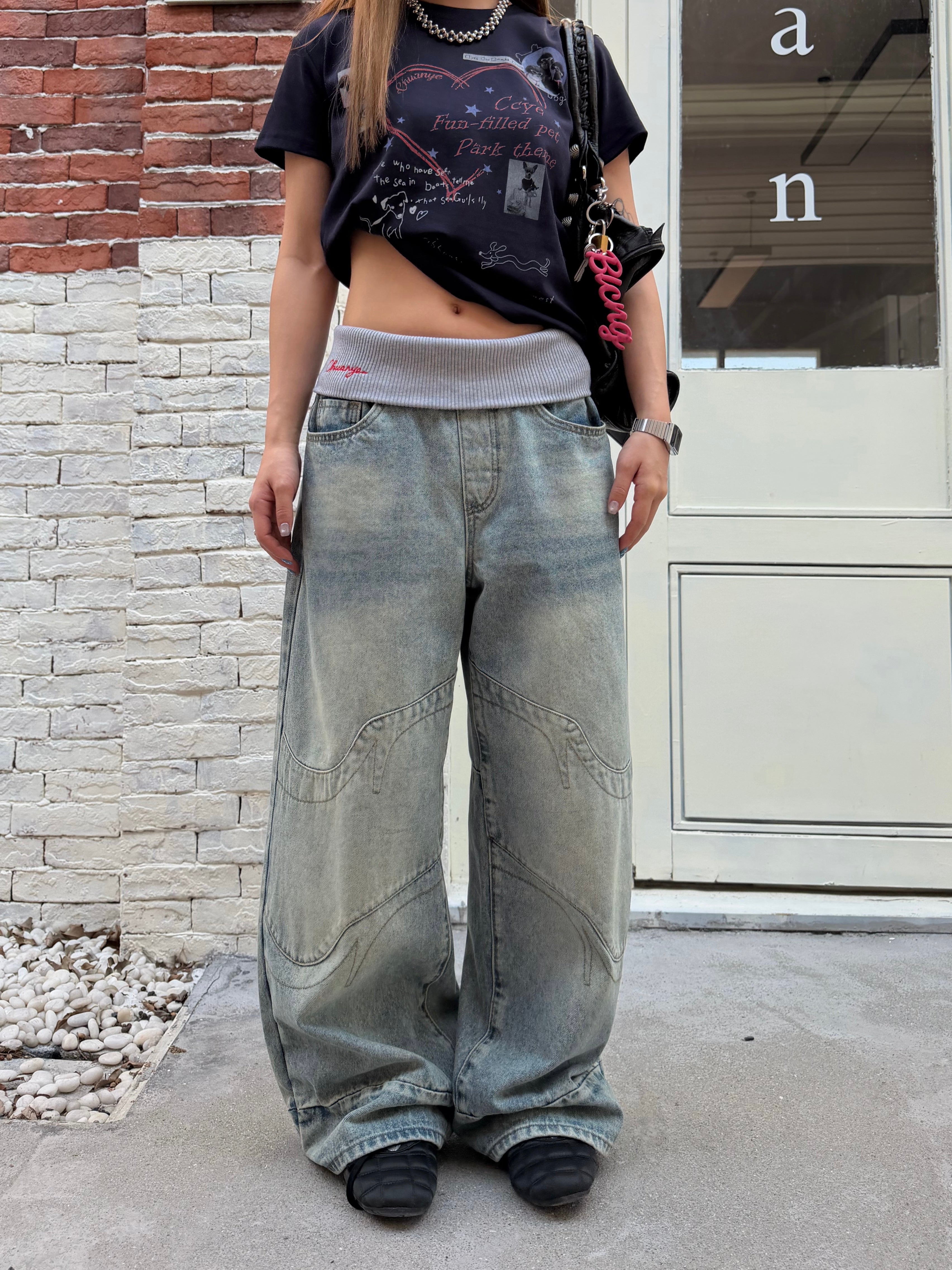 CCYE FAKE TWO-PIECE WAIST SPLICED AMERICAN STYLE JEANS