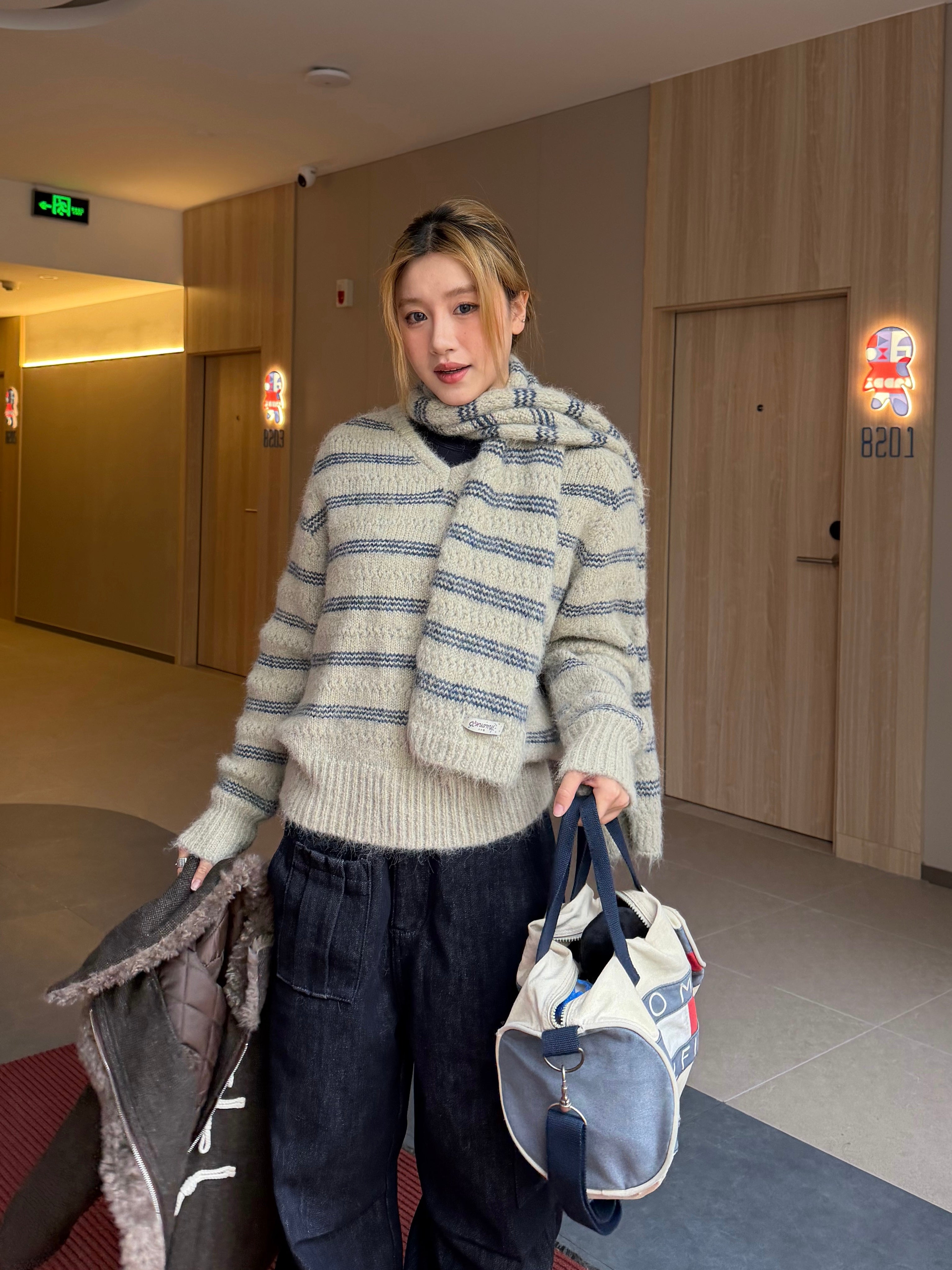 CCYE STRIPED V-NECK SWEATER & SCARF 2-PIECE KNIT SET