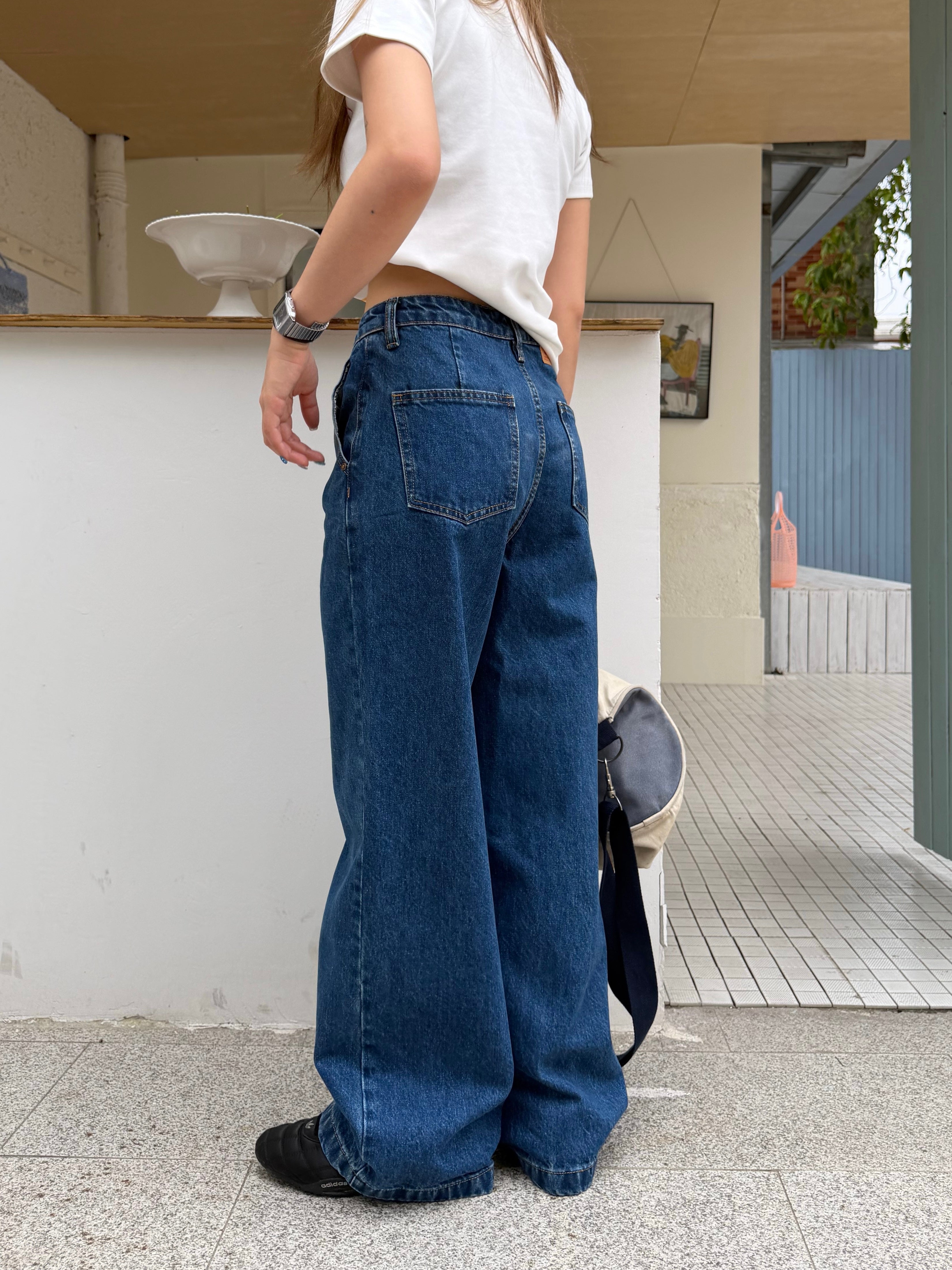 CCYE SIMPLE WASHED SLIM FIT DARK BLUE HIGH WAIST AMERICAN STYLE JEANS