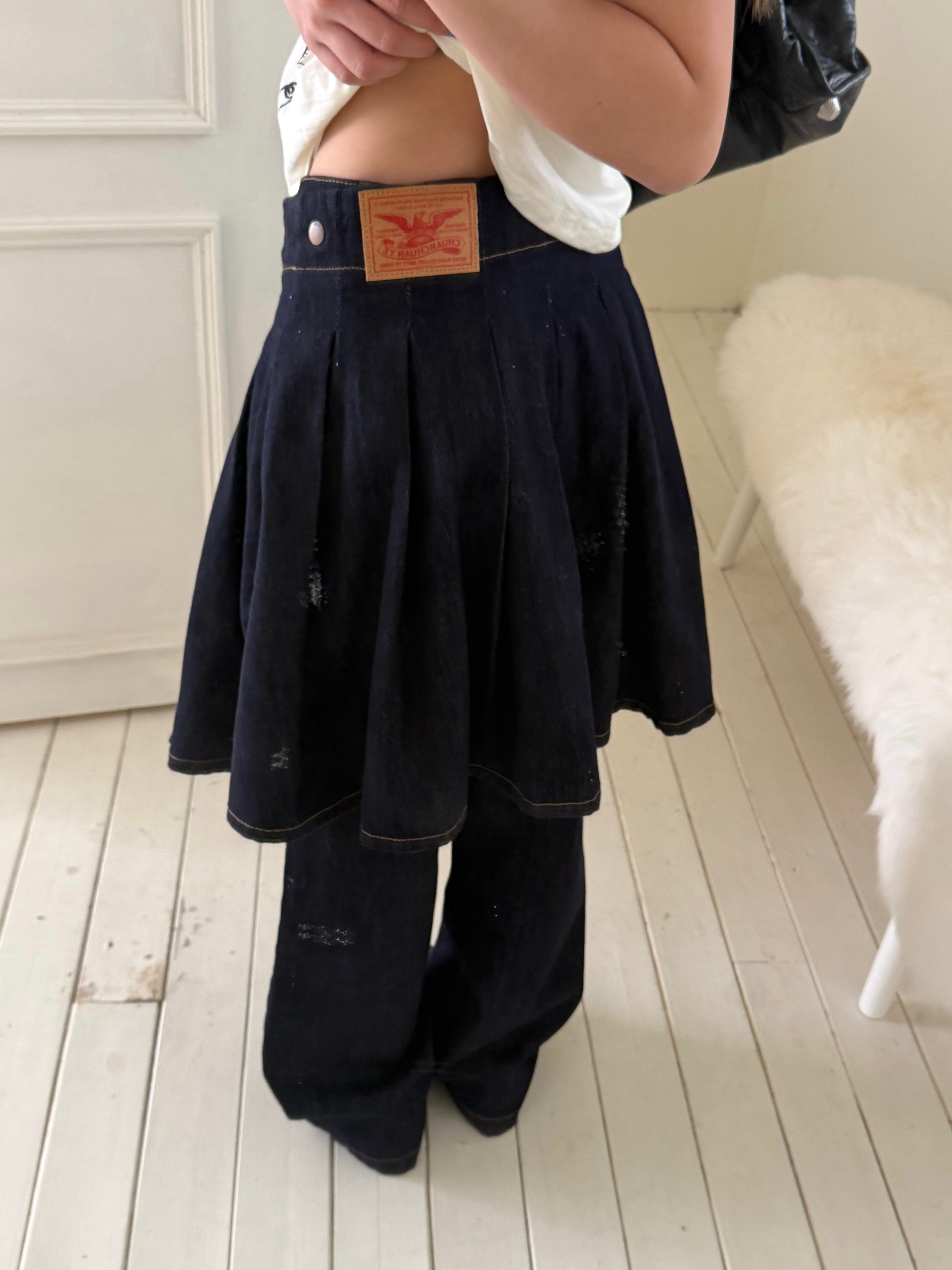 CCYE DENIM PLEATED MIDI SKIRT