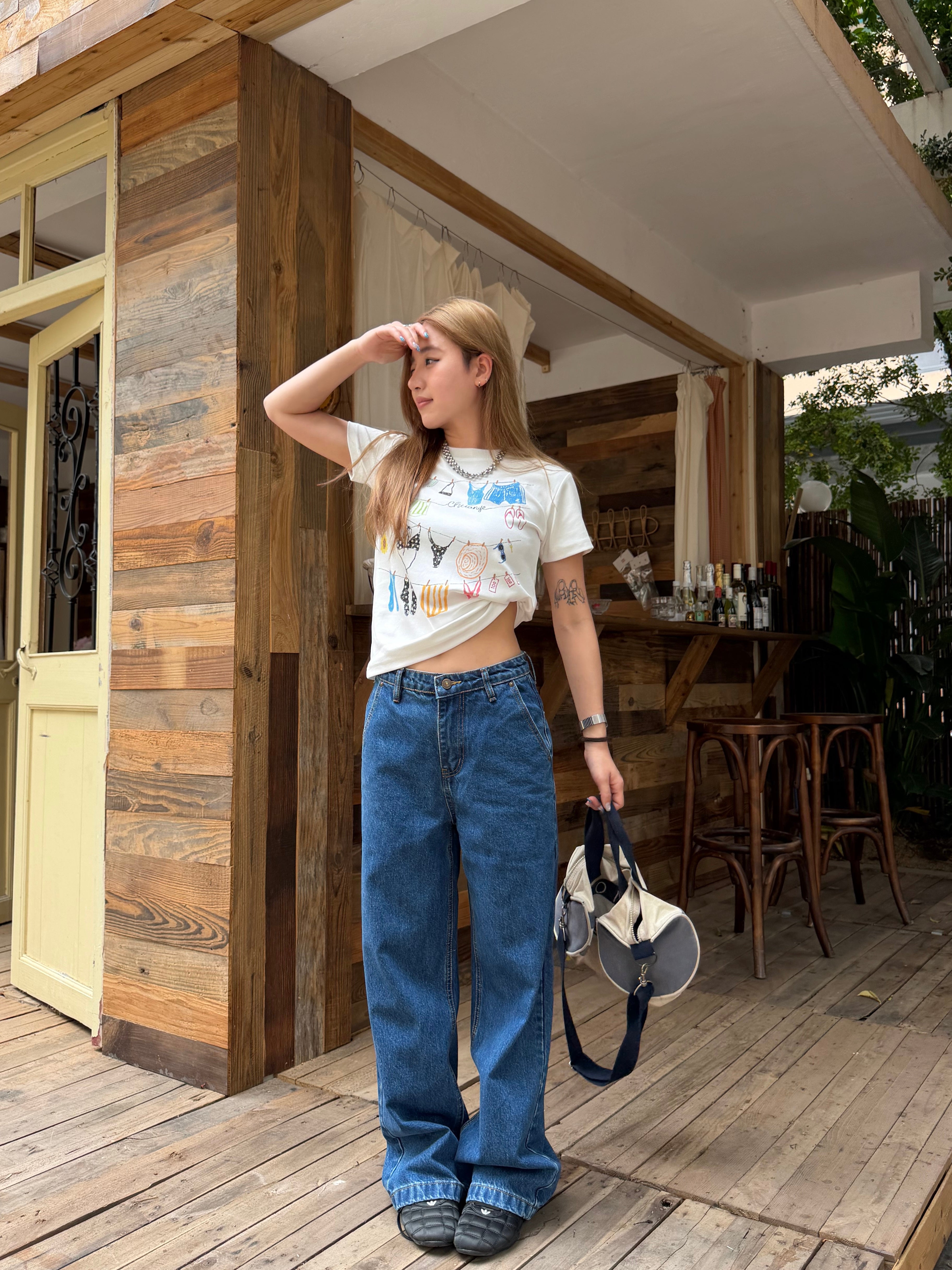 CCYE SIMPLE WASHED SLIM FIT DARK BLUE HIGH WAIST AMERICAN STYLE JEANS