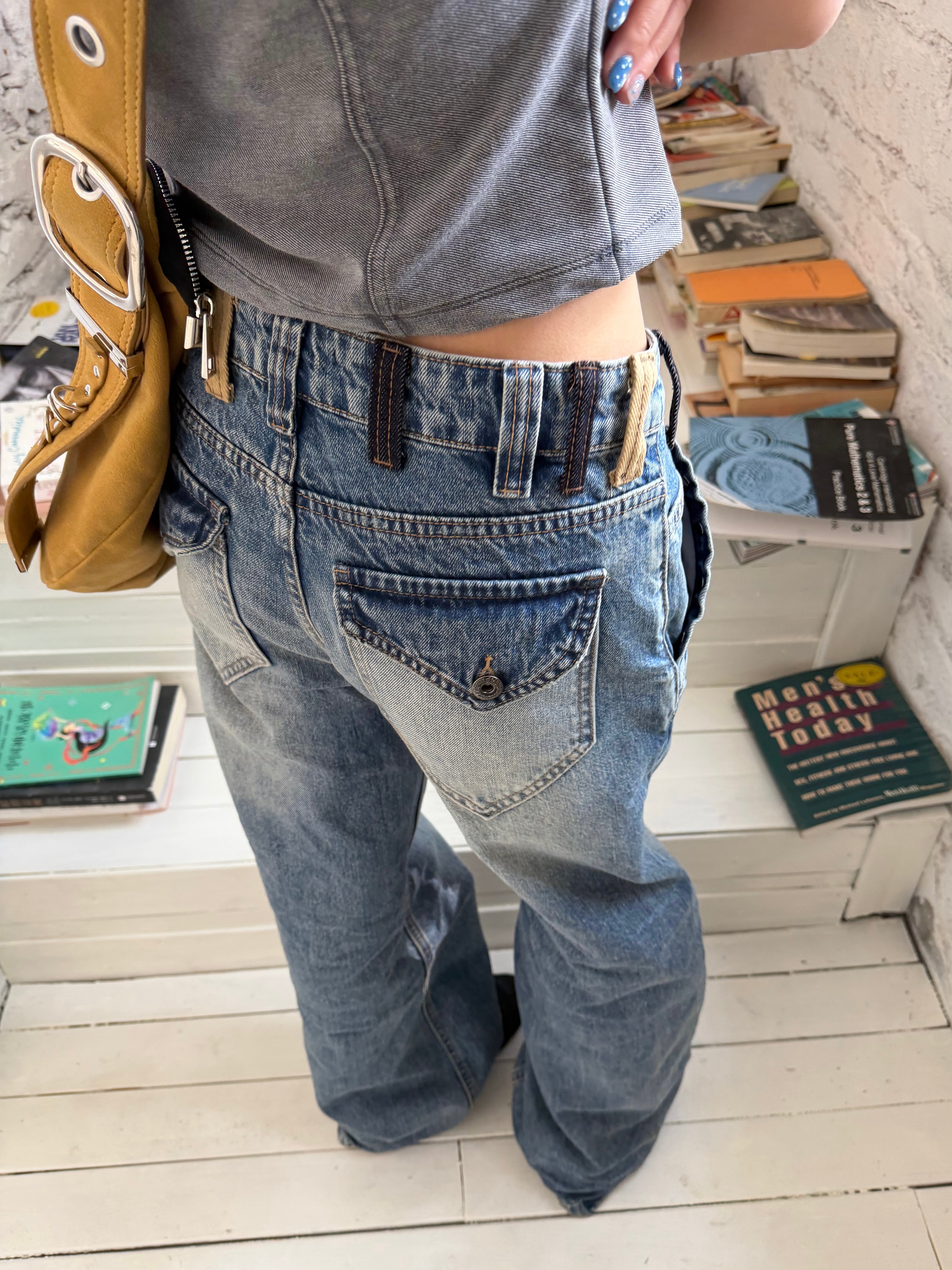 CCYE HIGH WAIST STRAIGHT RIVET PATCHWORK WAISTBAND JEANS