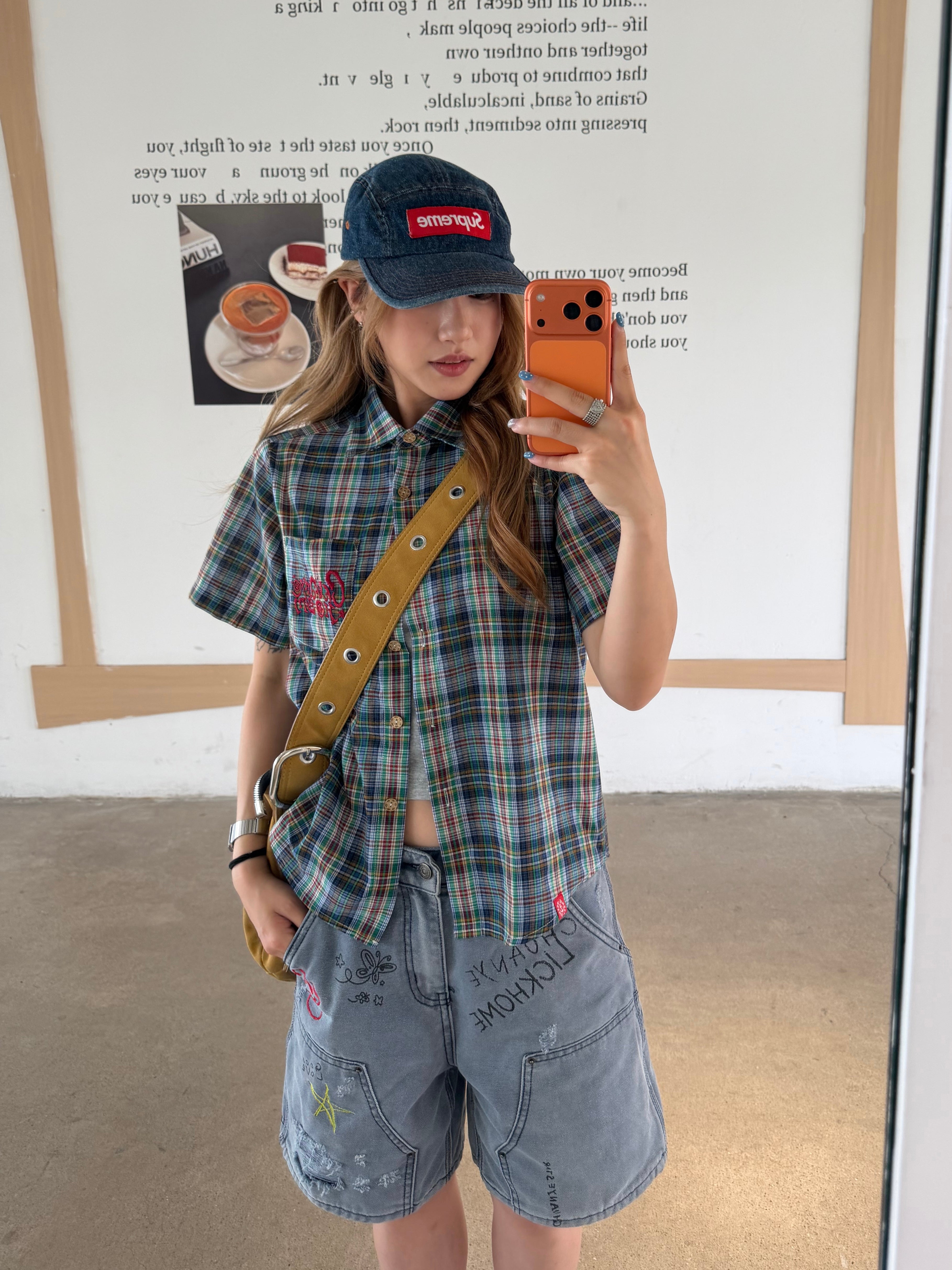 CCYE ORIGINAL EMBROIDERED REGULAR SHOULDER LOOSE PLAID SHORT SLEEVE SHIRT