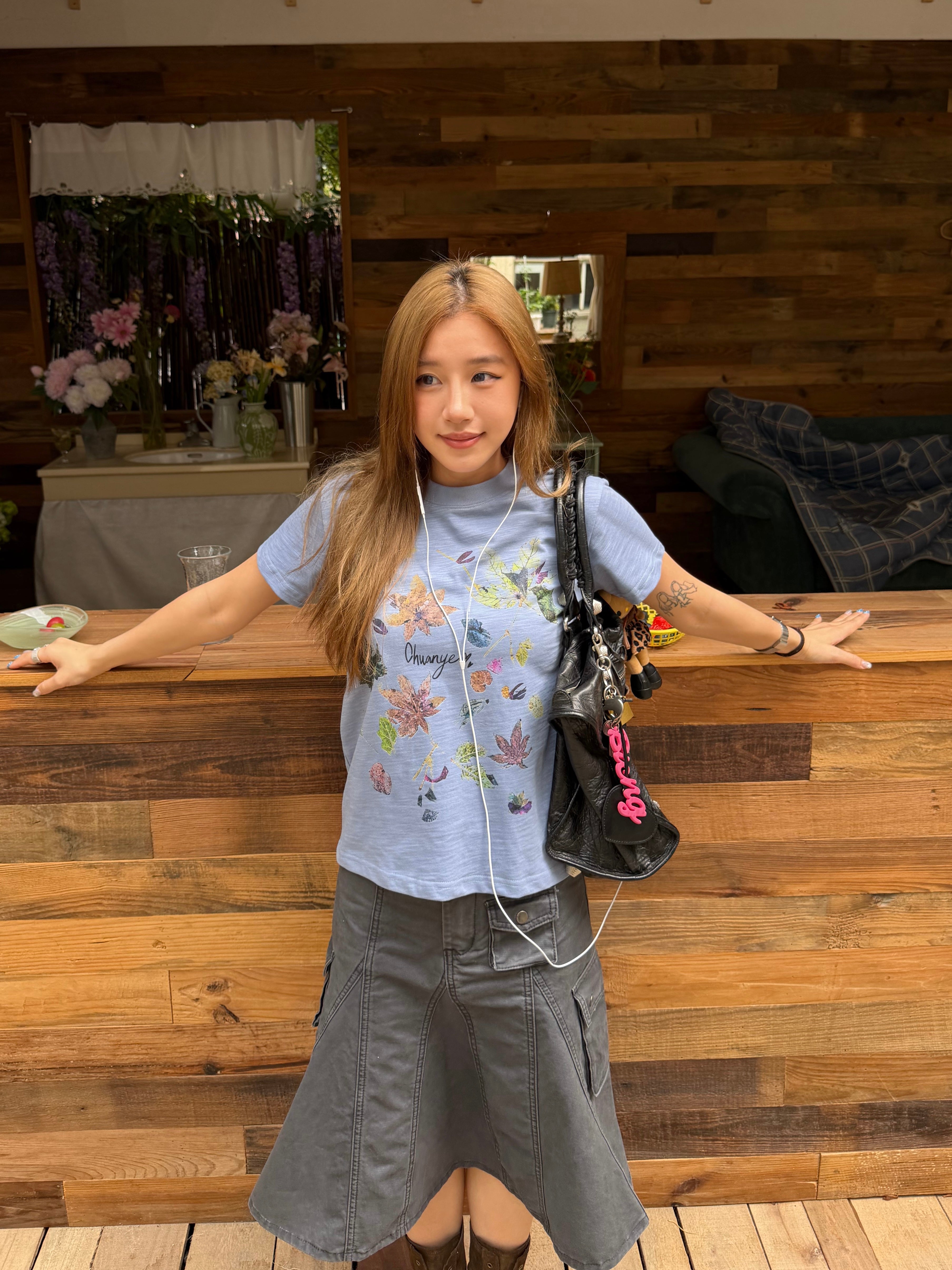 CCYE LEAF PRINT REGULAR SHOULDER BAMBOO TEXTURE COTTON SHORT SLEEVE