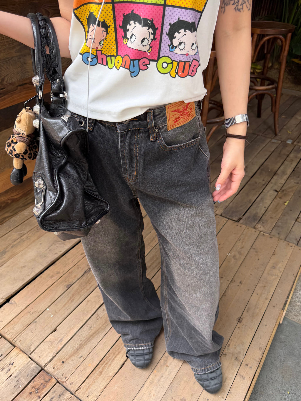 CCYE WASHED DENIM JEANS WITH PARIS BUCKLE DESIGN