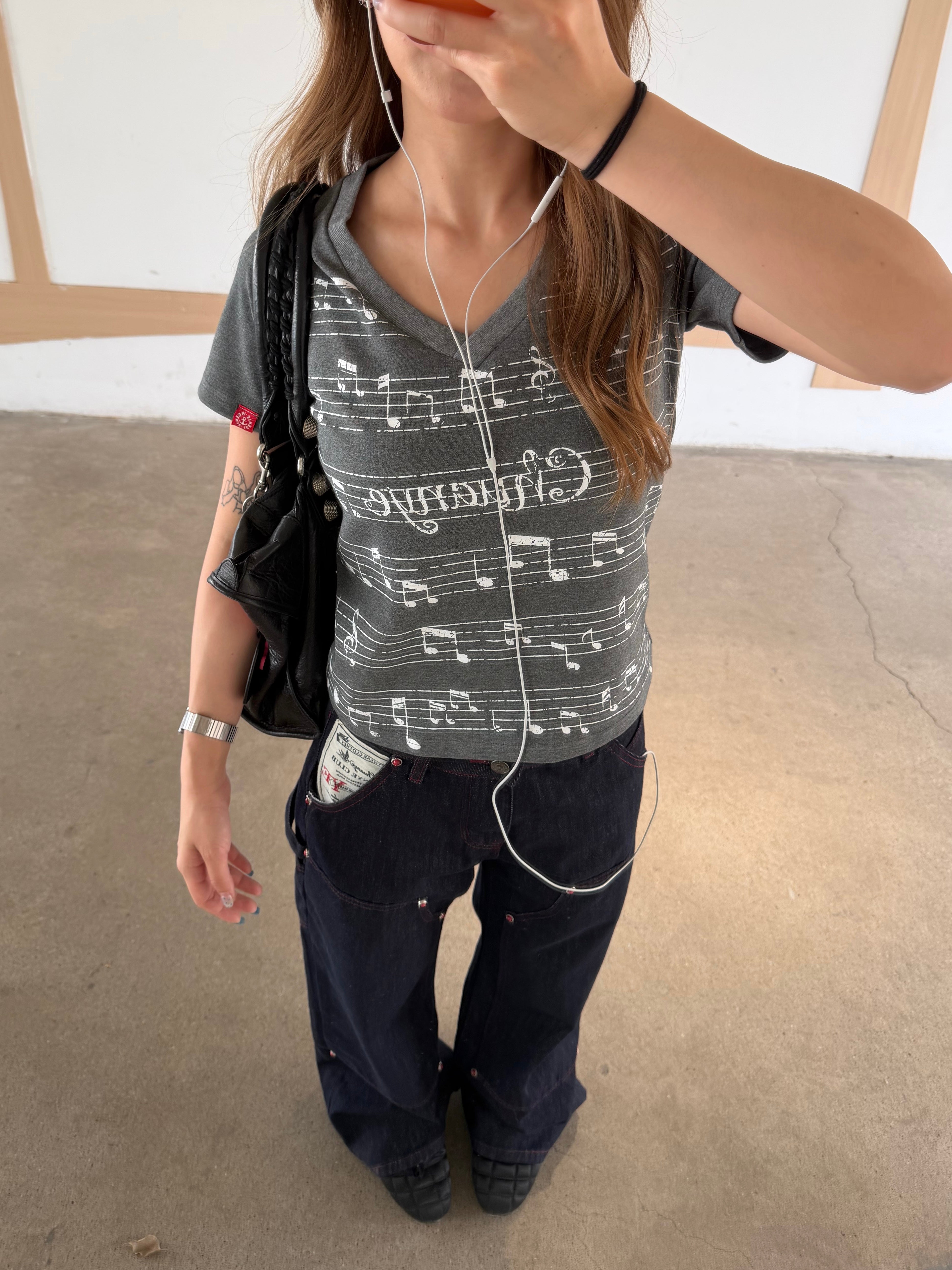 CCYE ORIGINAL MUSIC NOTE PRINT REGULAR SHOULDER V-NECK SHORT SLEEVE T-SHIRT